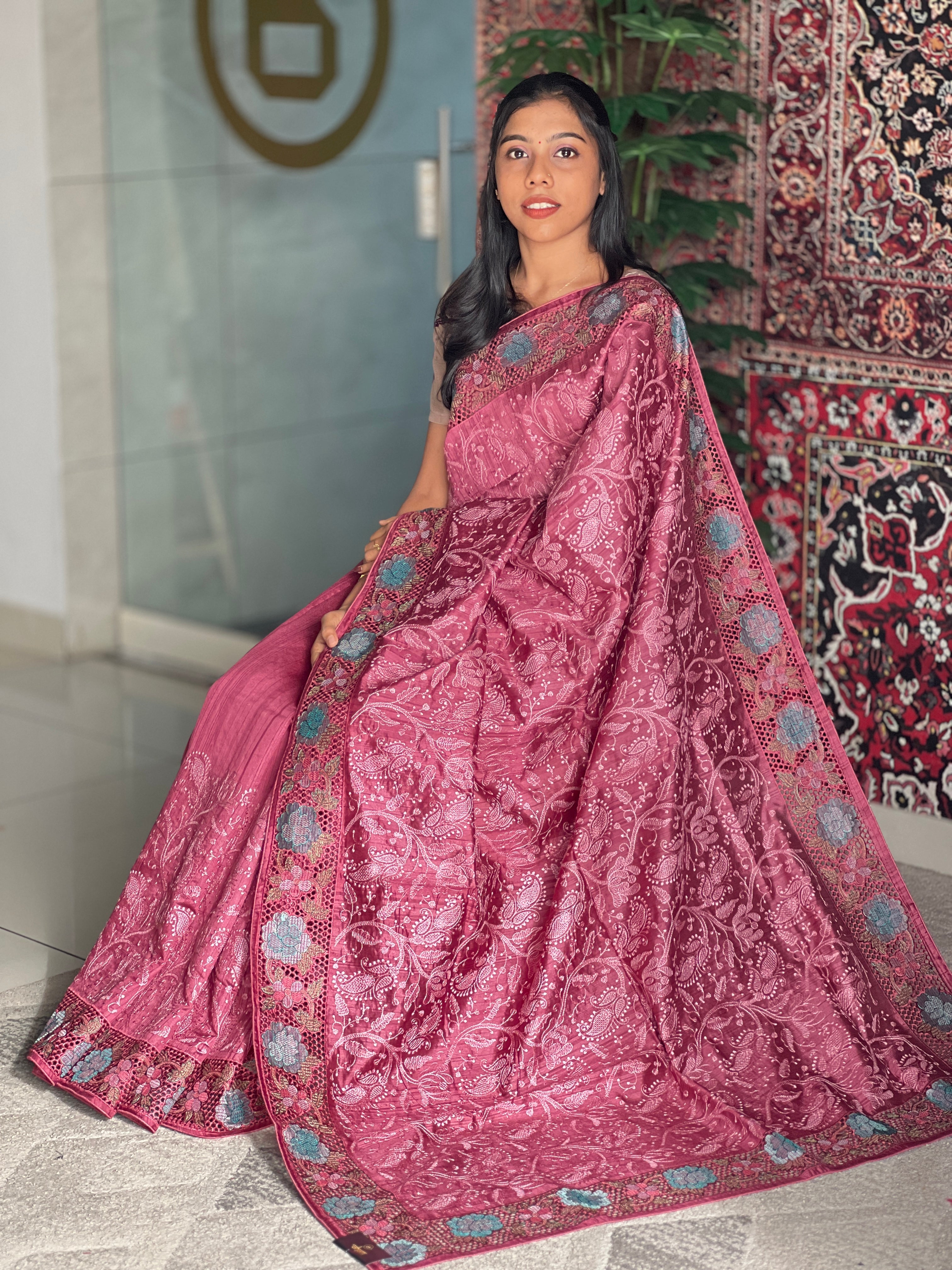 Lucknowi Embroidery Detailed Tussar Finish Saree | GAR113