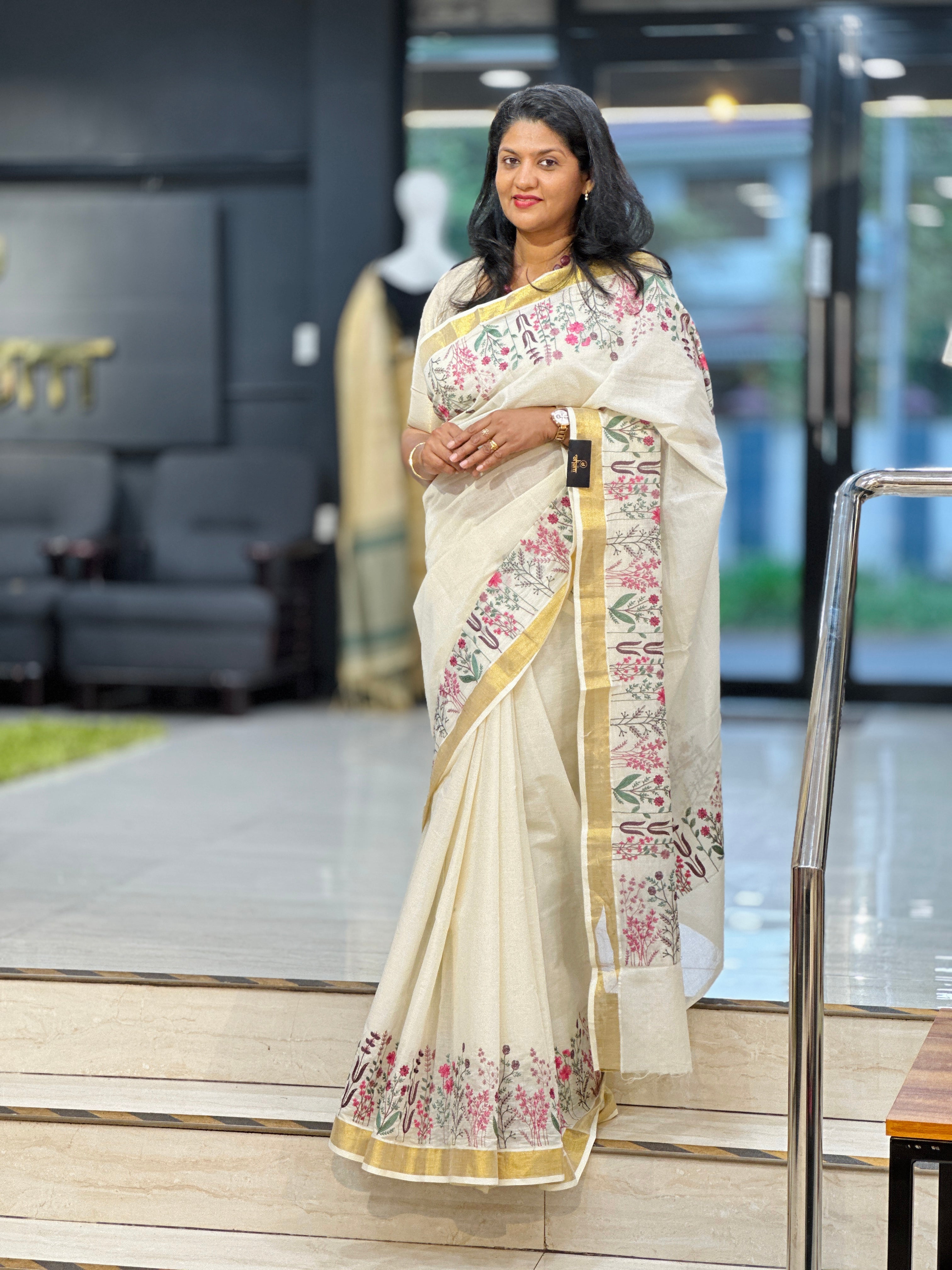 Floral Embroidered Kerala Cotton Saree  | JSC289