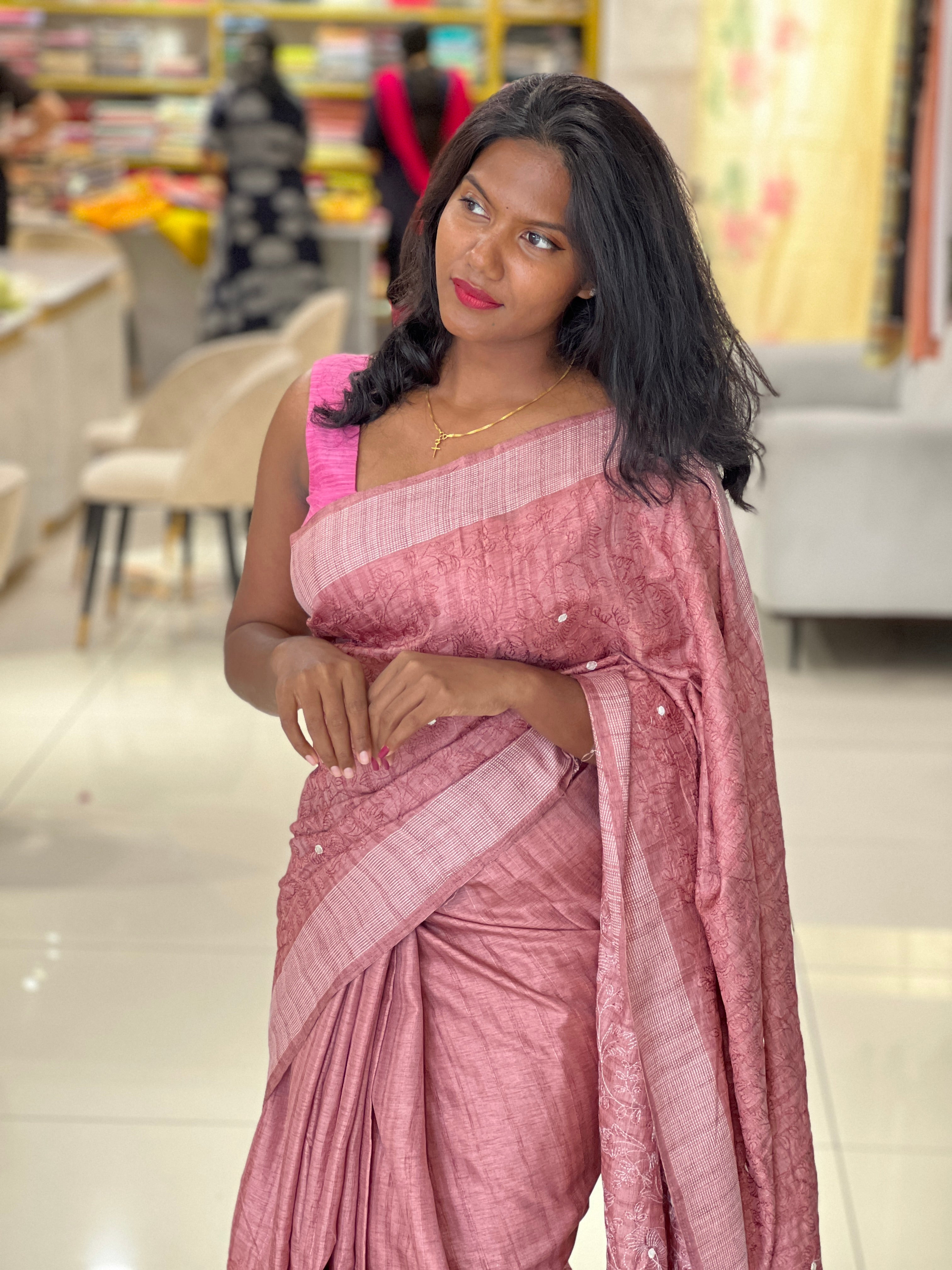 Machine Embroidery Detailed Semi Tussar Saree | SUN278