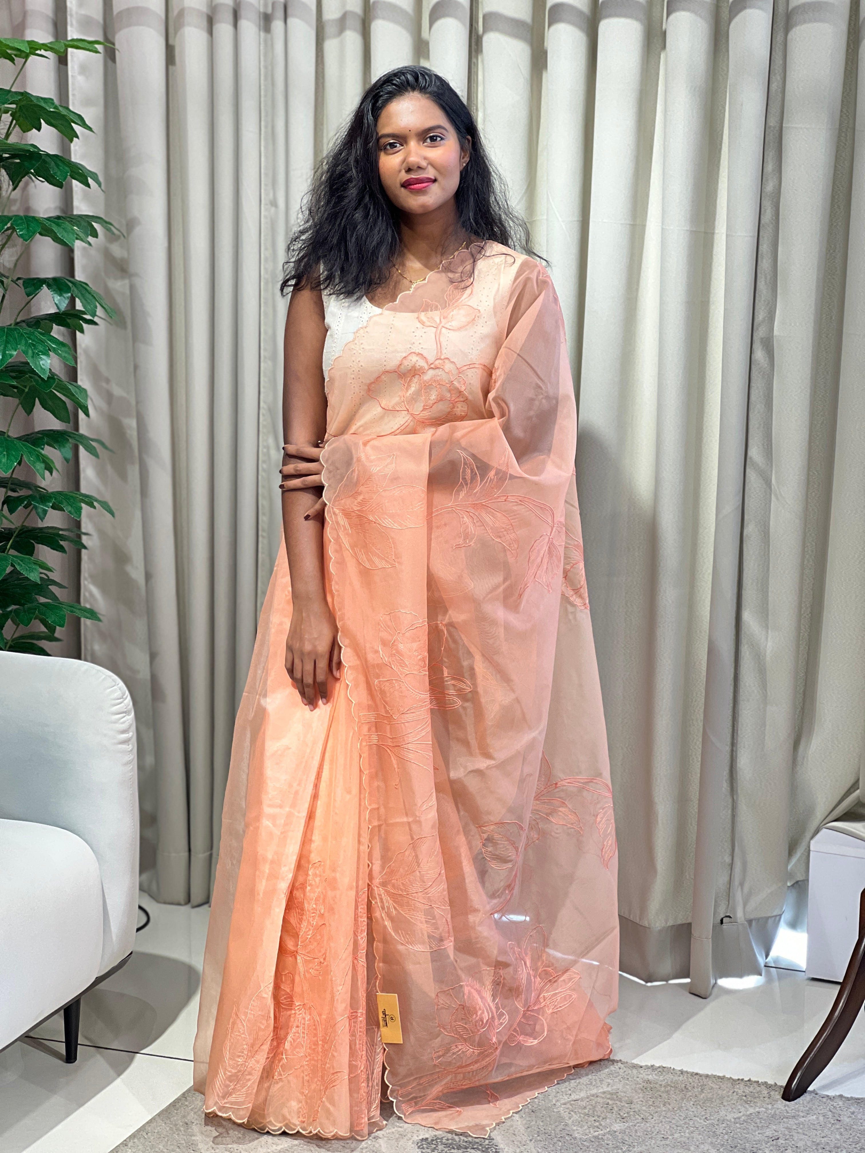 Floral Machine Embroidery Detailed Organza Saree | MM383