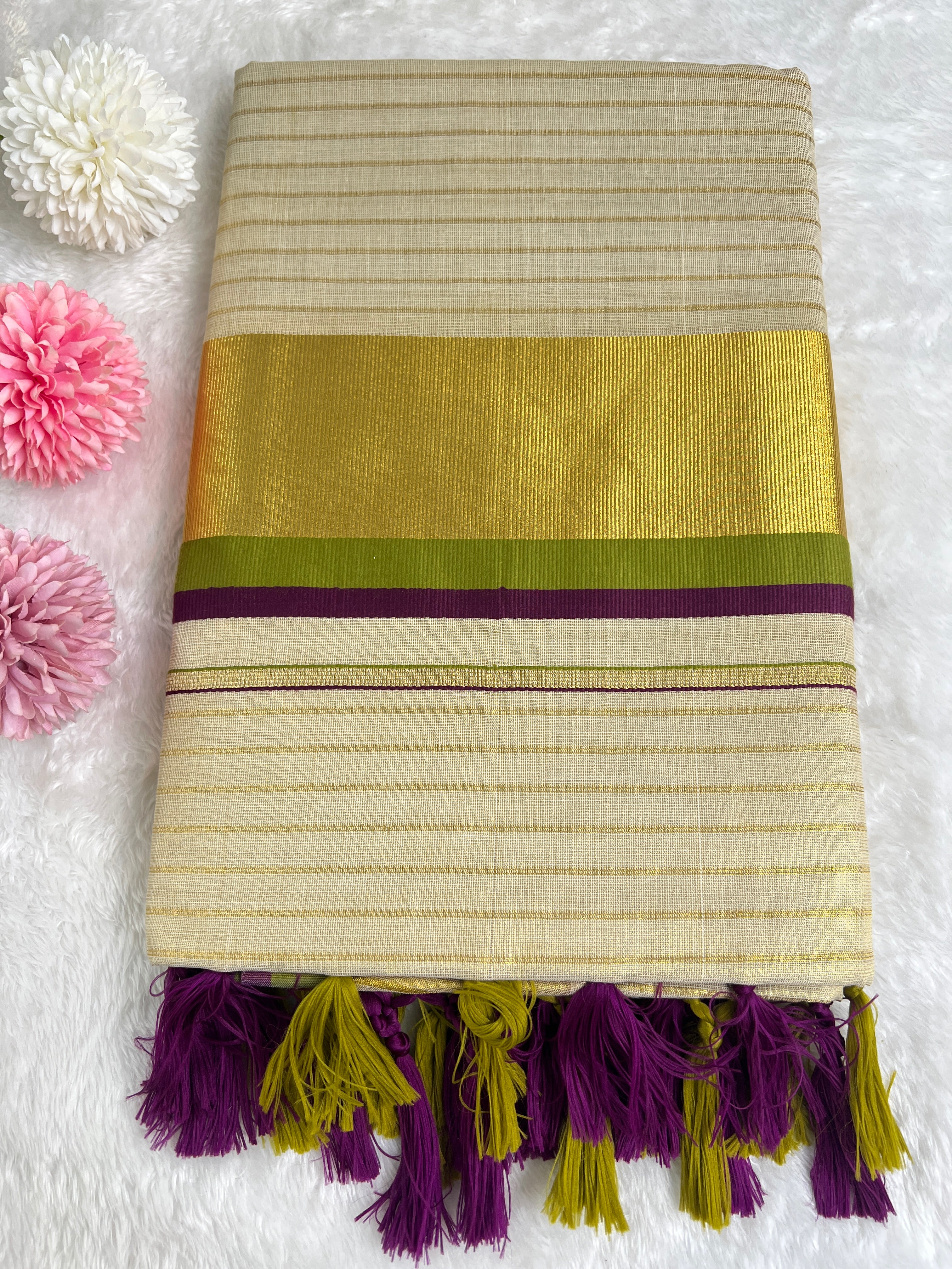 Double Border Pattern Kerala Tissue Set Mundu |GAT463