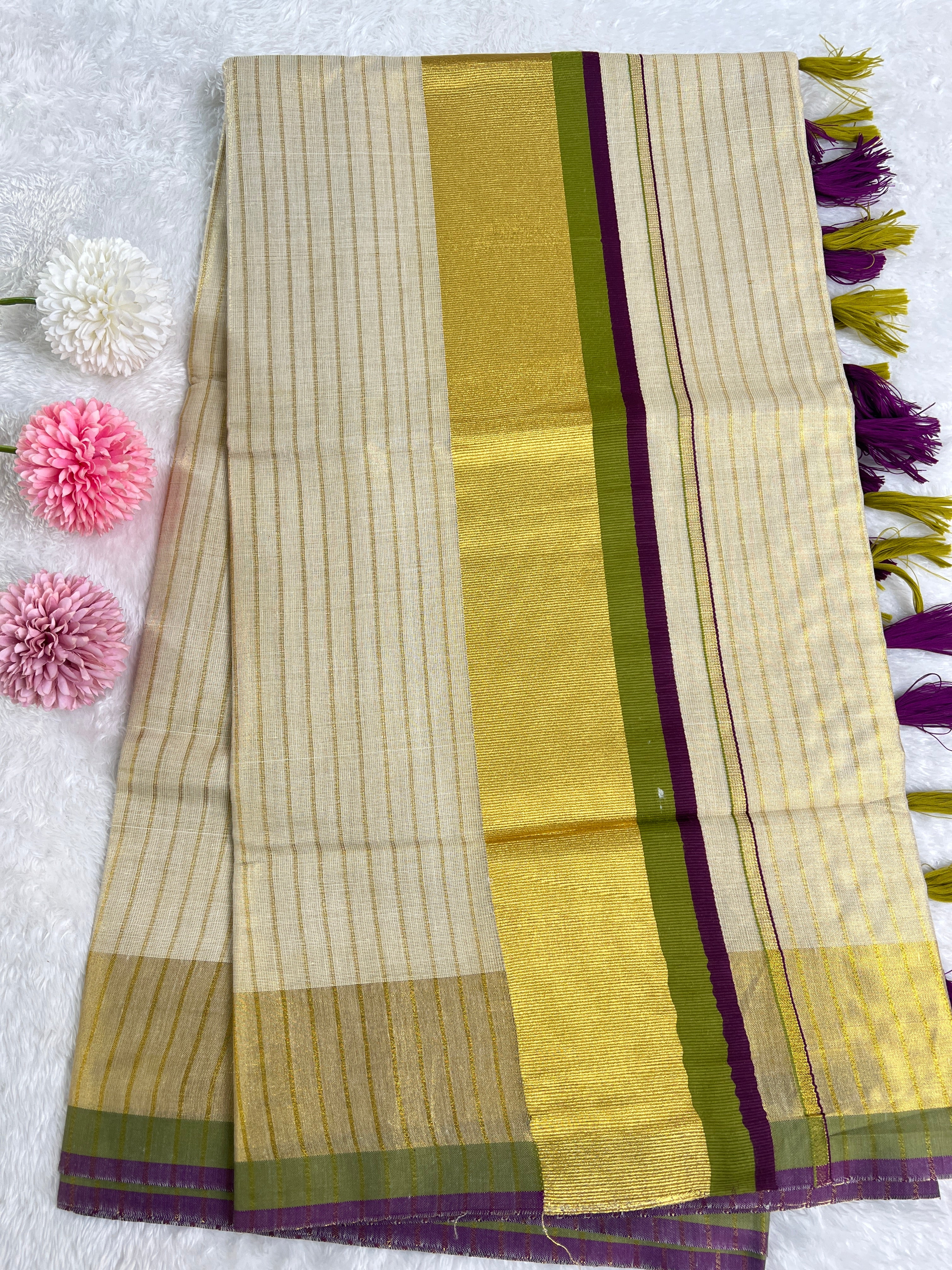 Double Border Pattern Kerala Tissue Set Mundu |GAT463