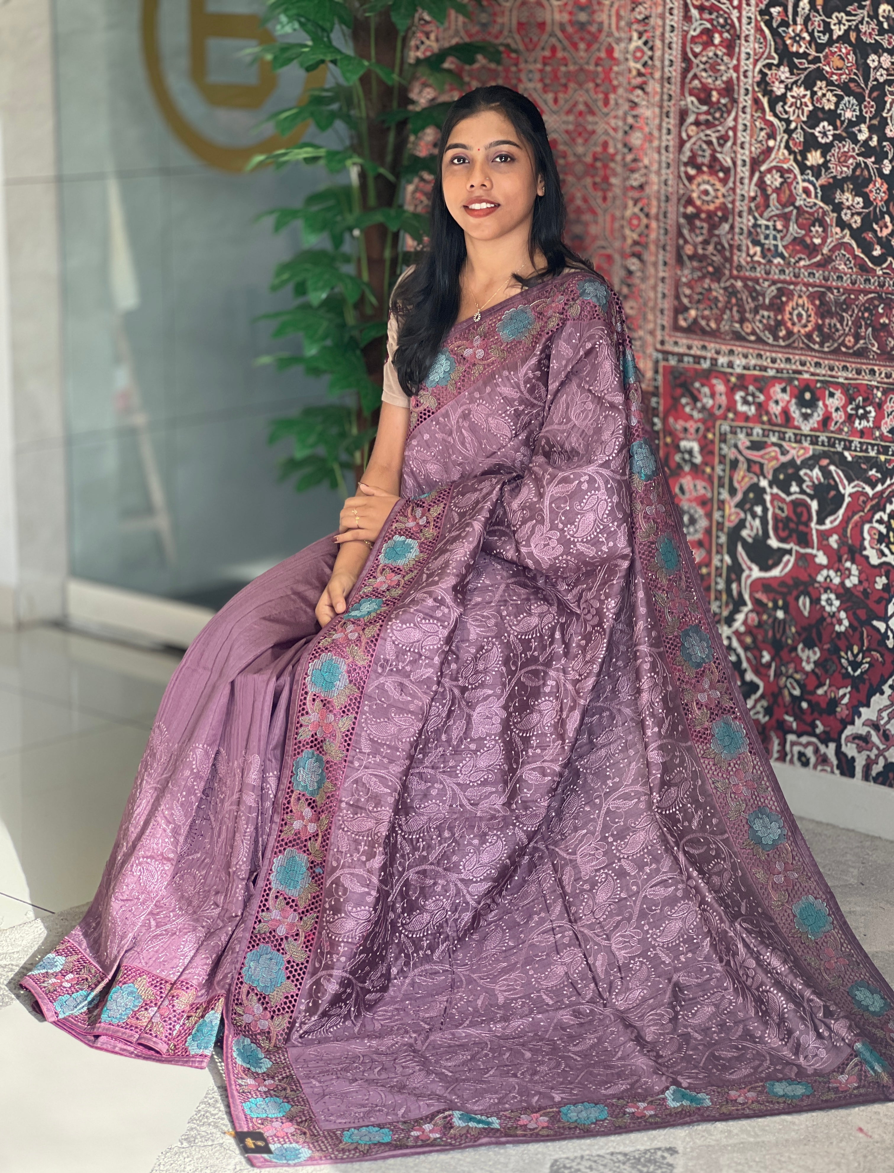 Lucknowi Embroidery Detailed Tussar Finish Saree | GAR112