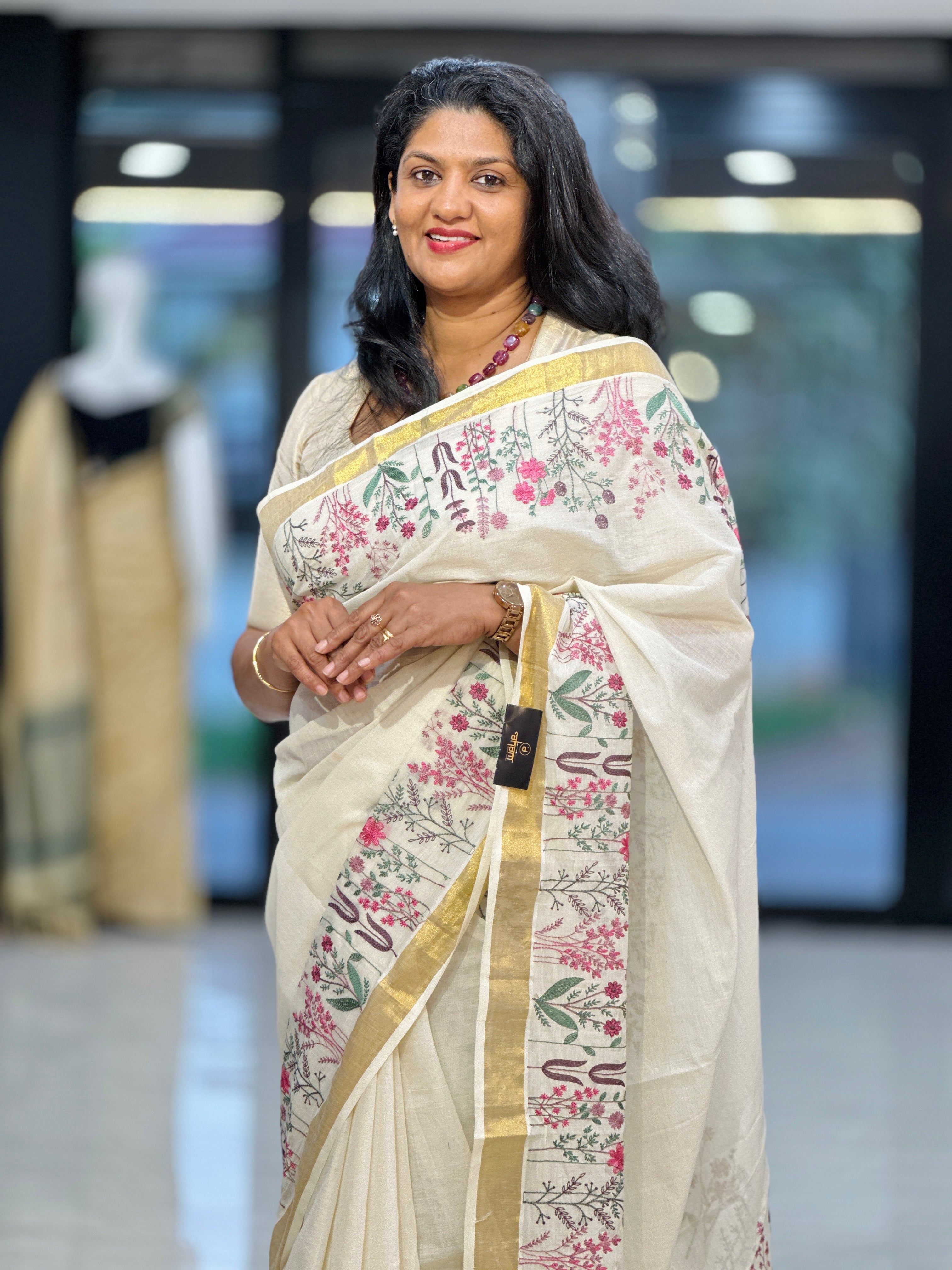 Floral Embroidered Kerala Cotton Saree  | JSC289