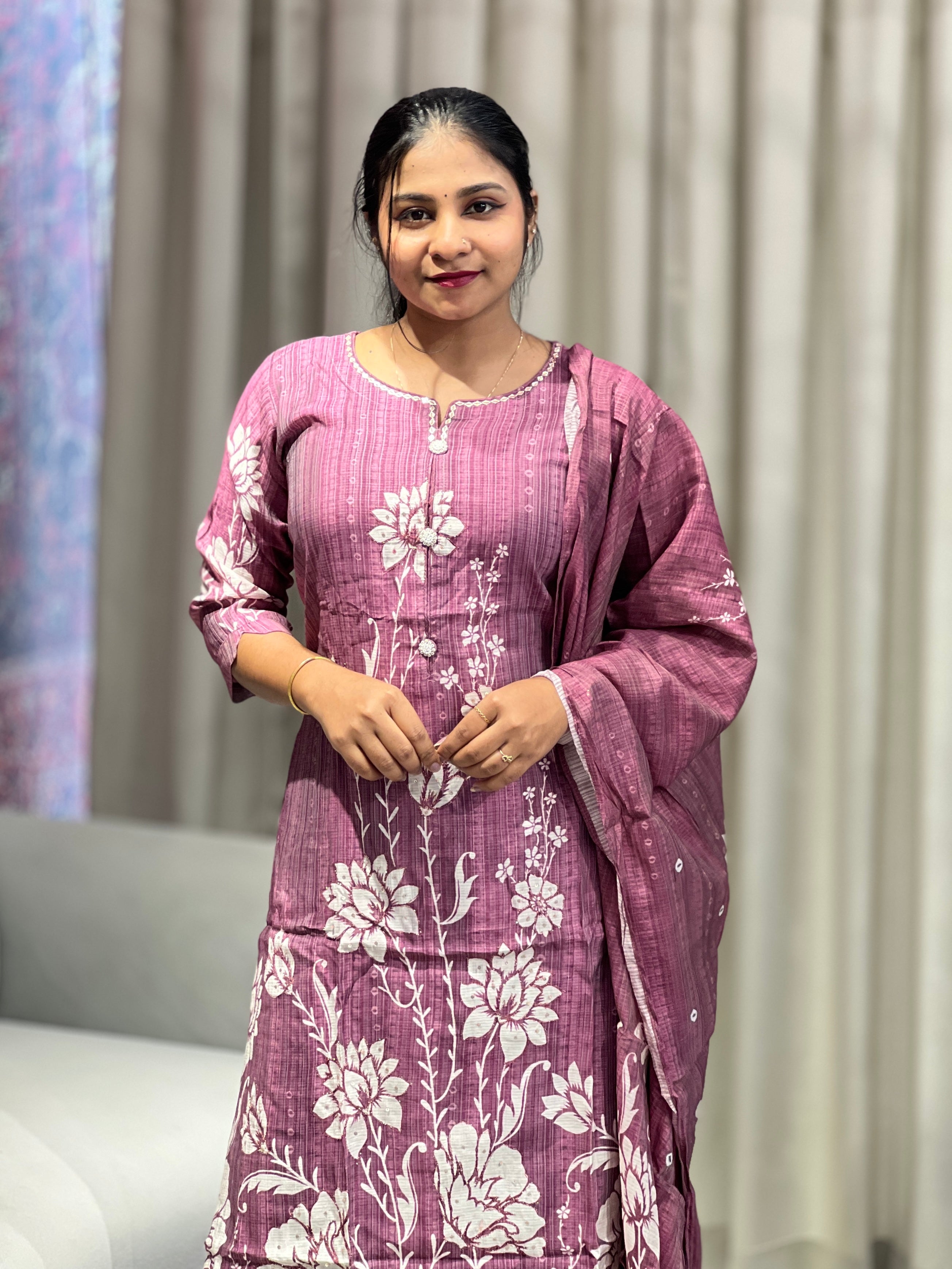 Floral Print With Sequins Detailed Muslin Kurta Set | FW362