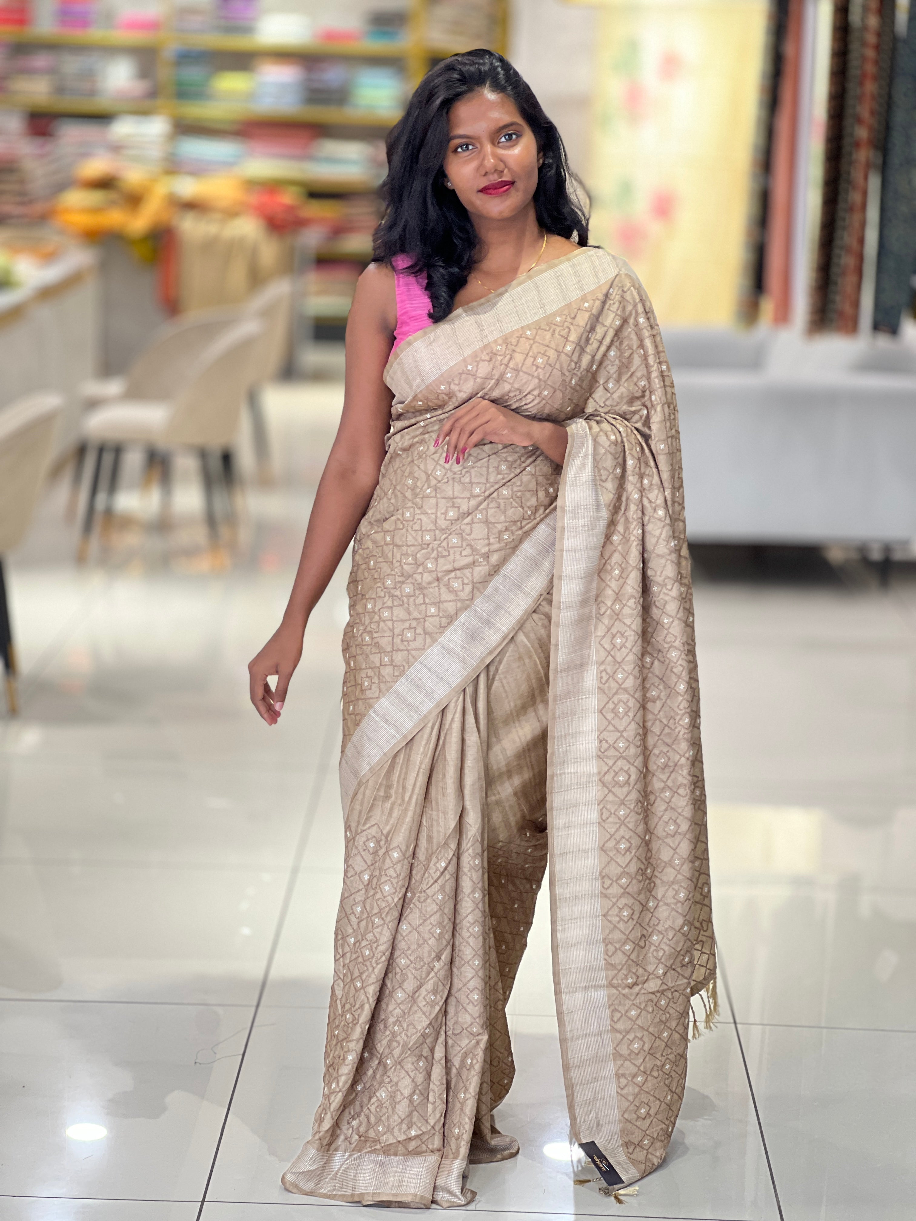 Machine Embroidery Detailed Semi Tussar Saree | SUN284