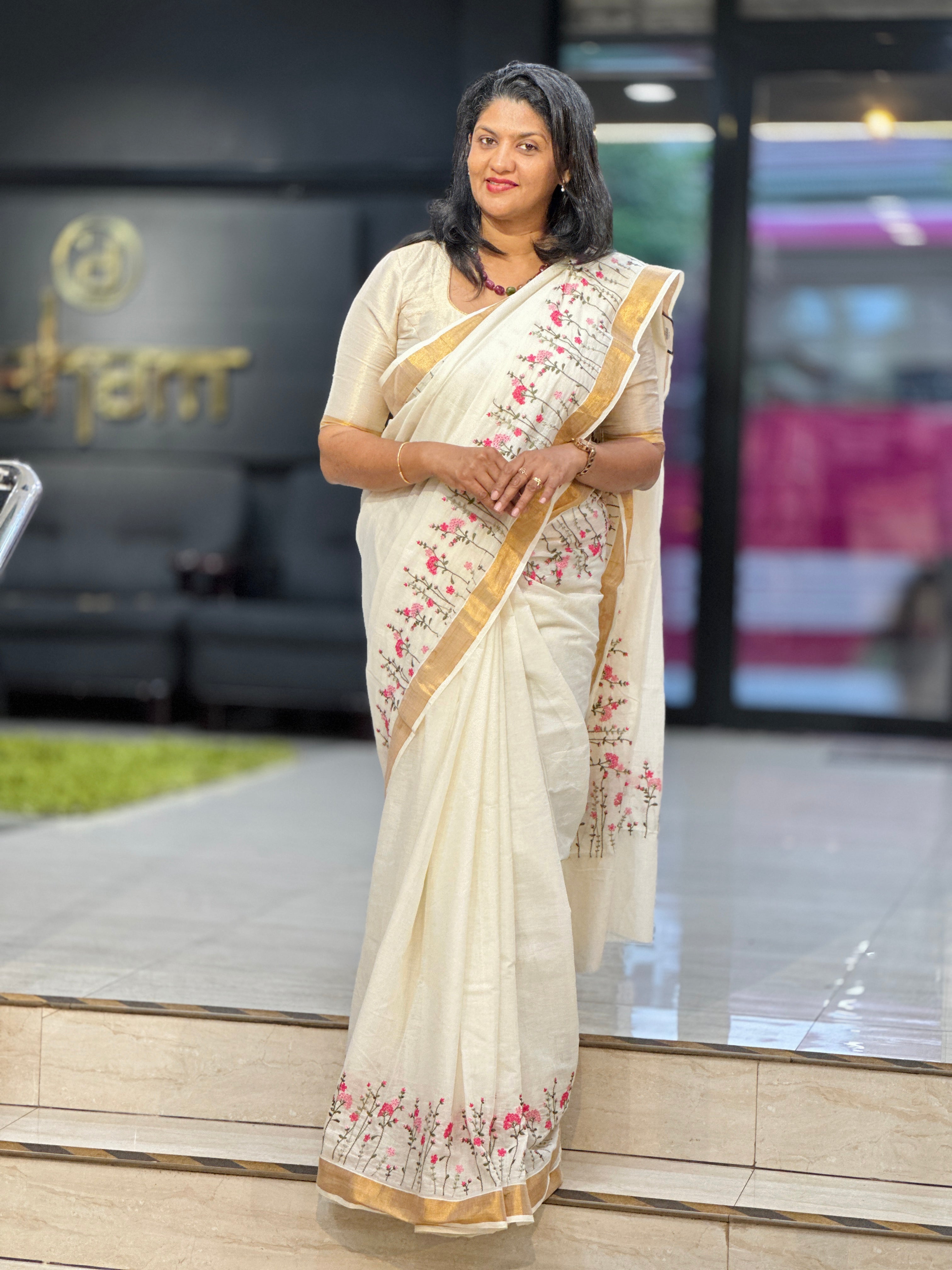 Floral Embroidered Kerala Cotton Saree | JSC283