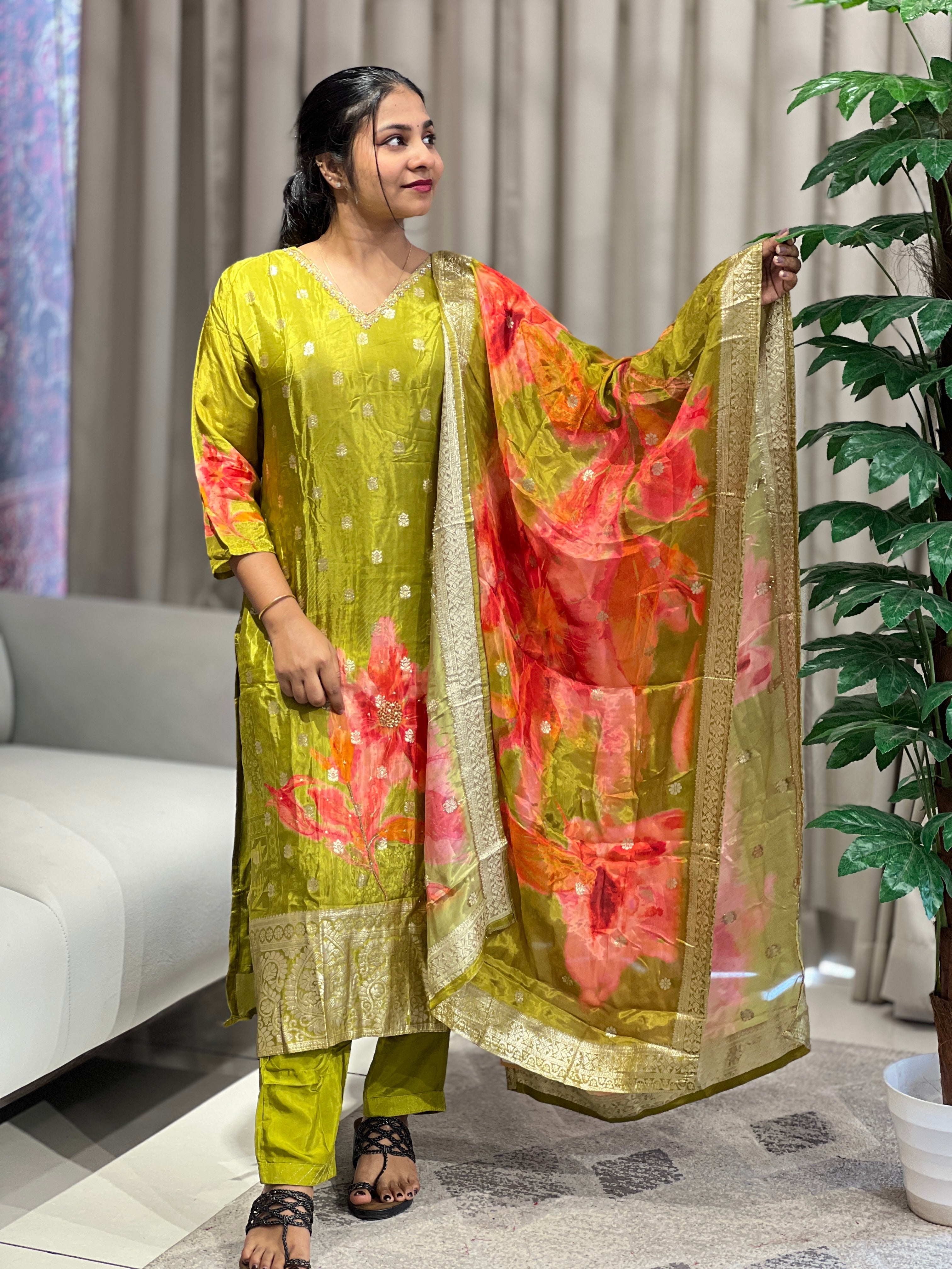Digital Print Detailed Muslin Silk Kurta Set | FW373