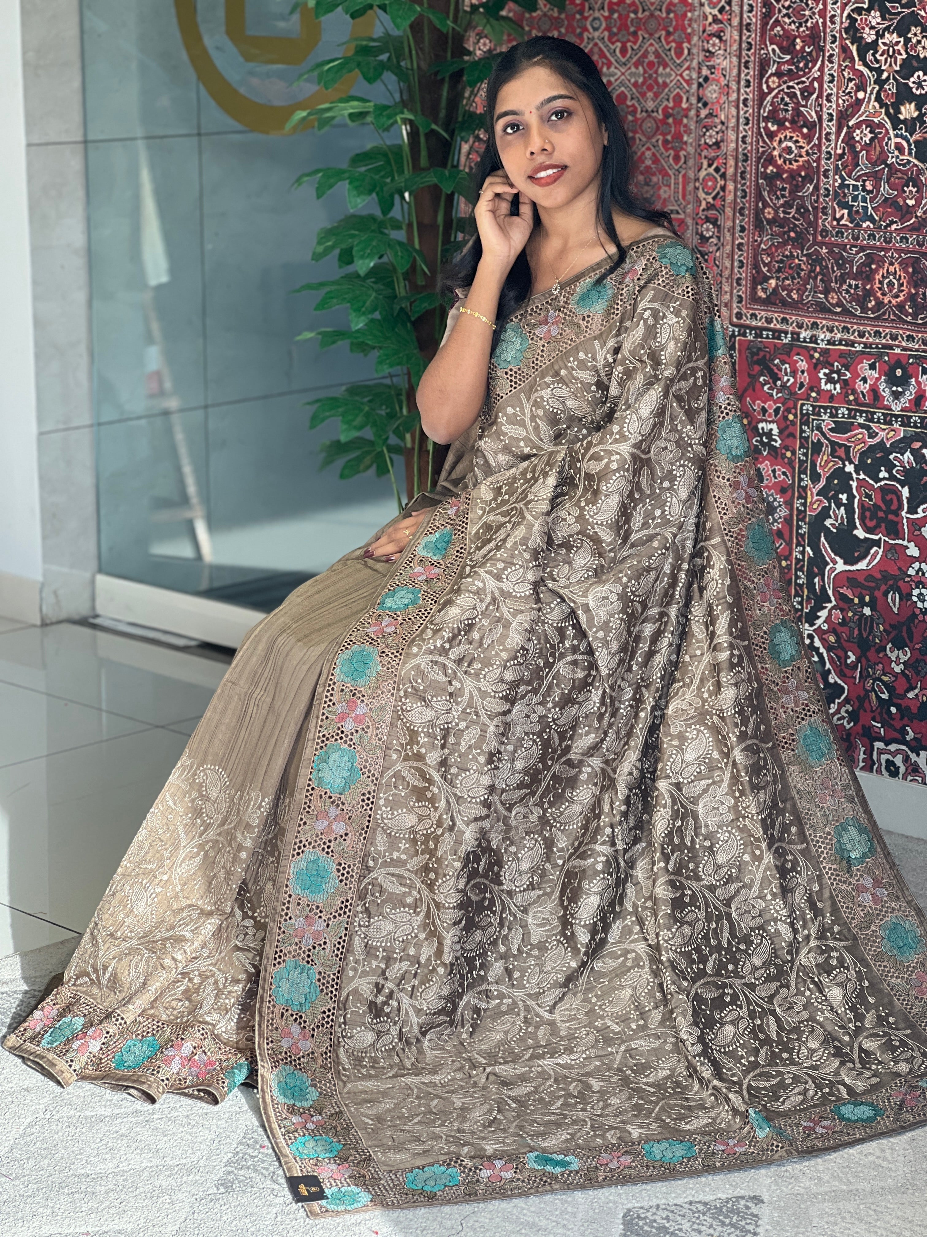 Lucknowi Embroidery Detailed Tussar Finish Saree | GAR111