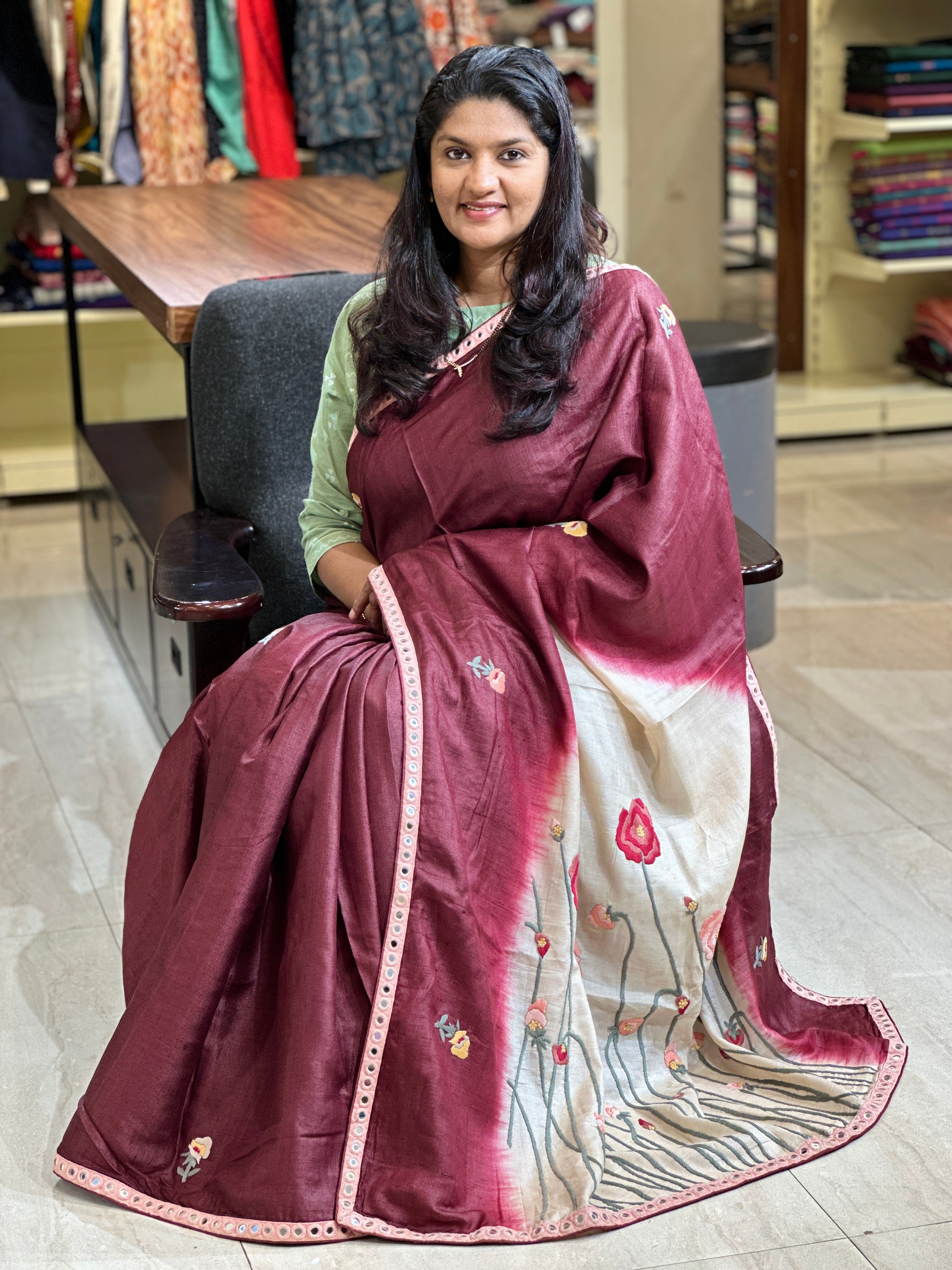 Hand Embroidery Tussar Saree | AHR319