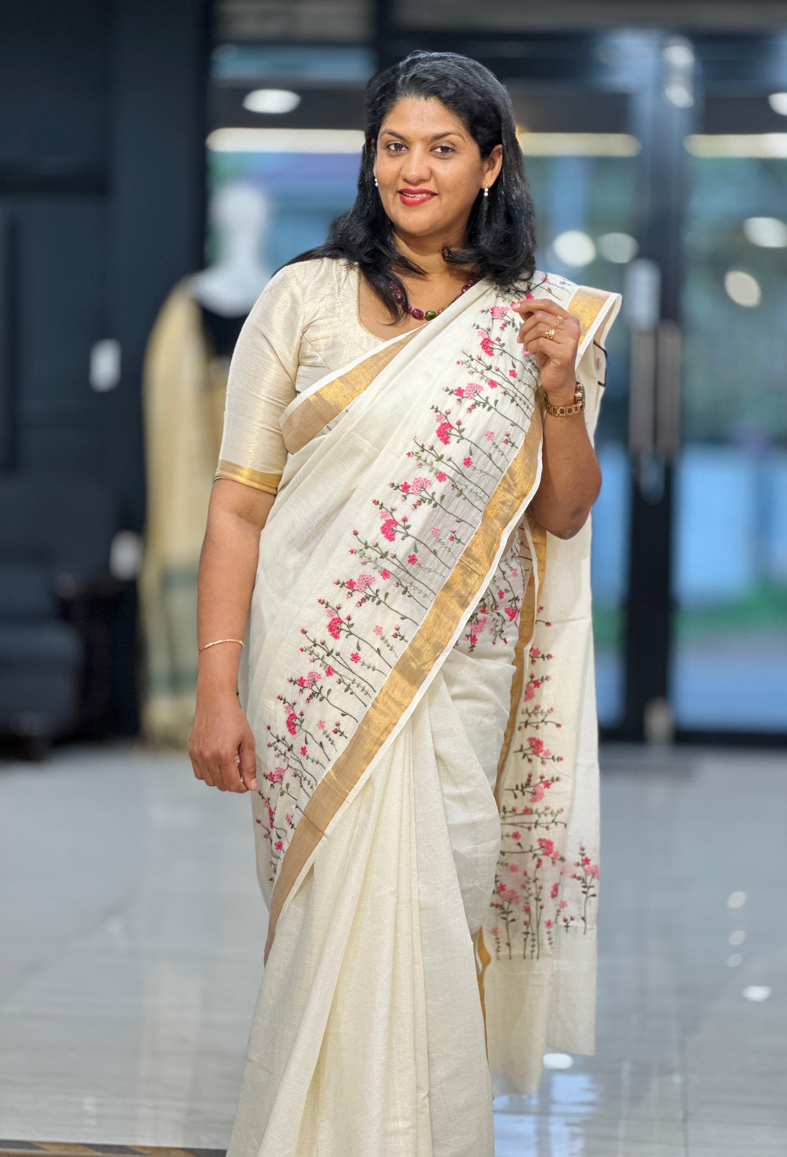Floral Embroidered Kerala Cotton Saree | JSC283