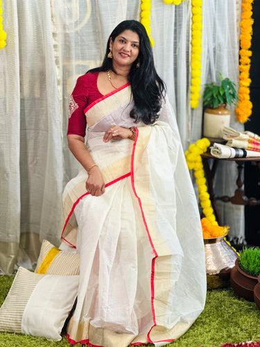 Kasavu With Red Kara Border Detailed Kerala Cotton Saree | HT255