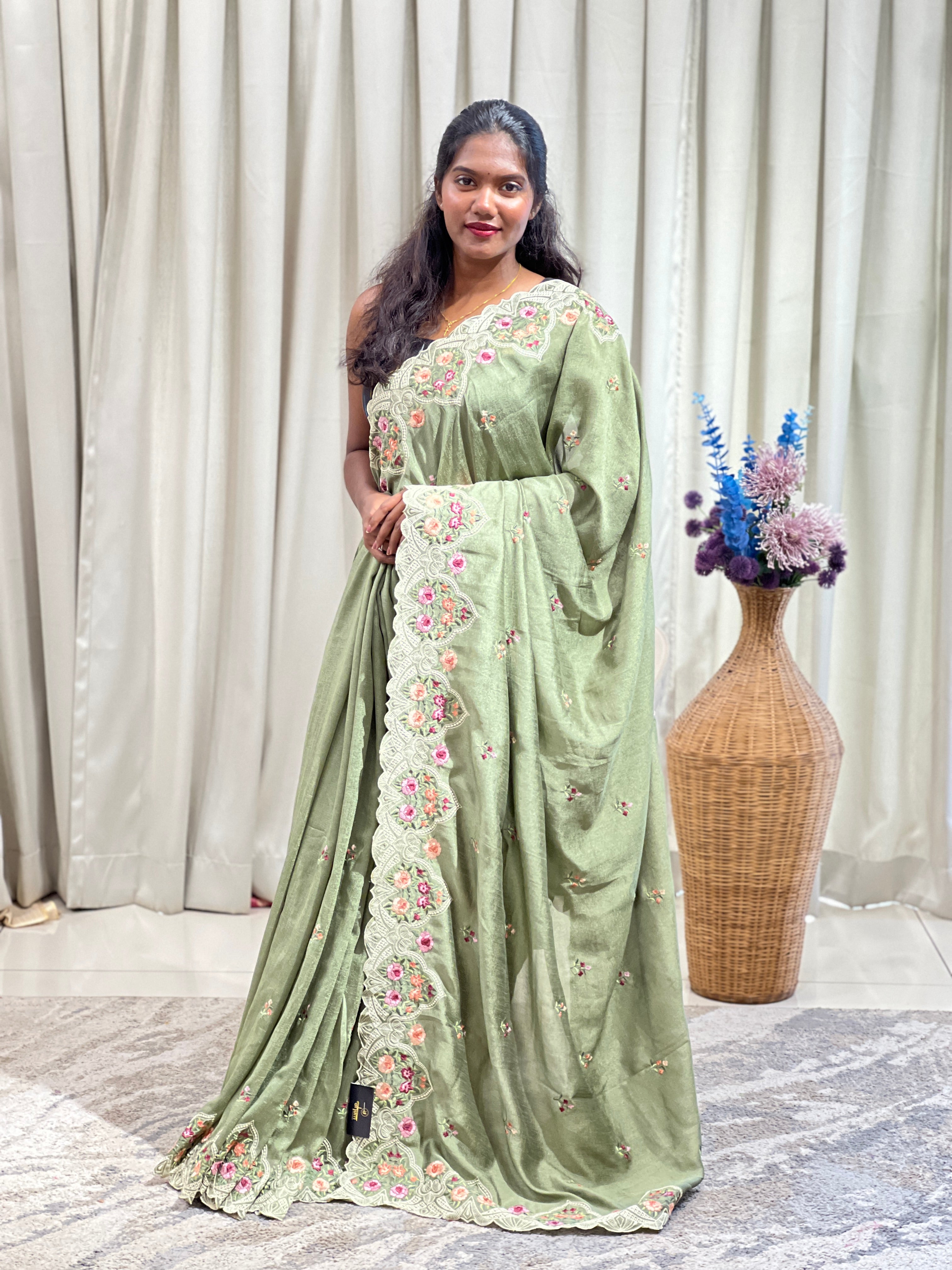 Floral Embroidery Pattern Semi Tussar Saree | RP854