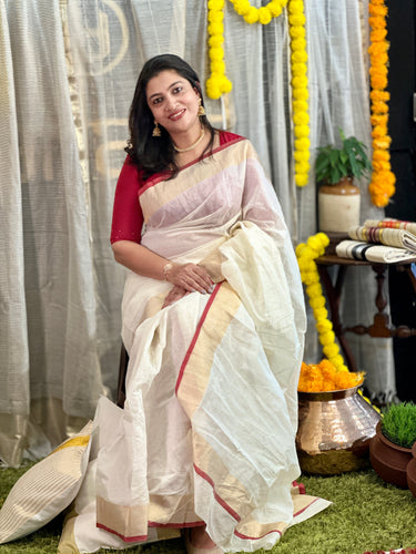 Kasavu With Maroon Kara Border Detailed Kerala Cotton Saree | HT256