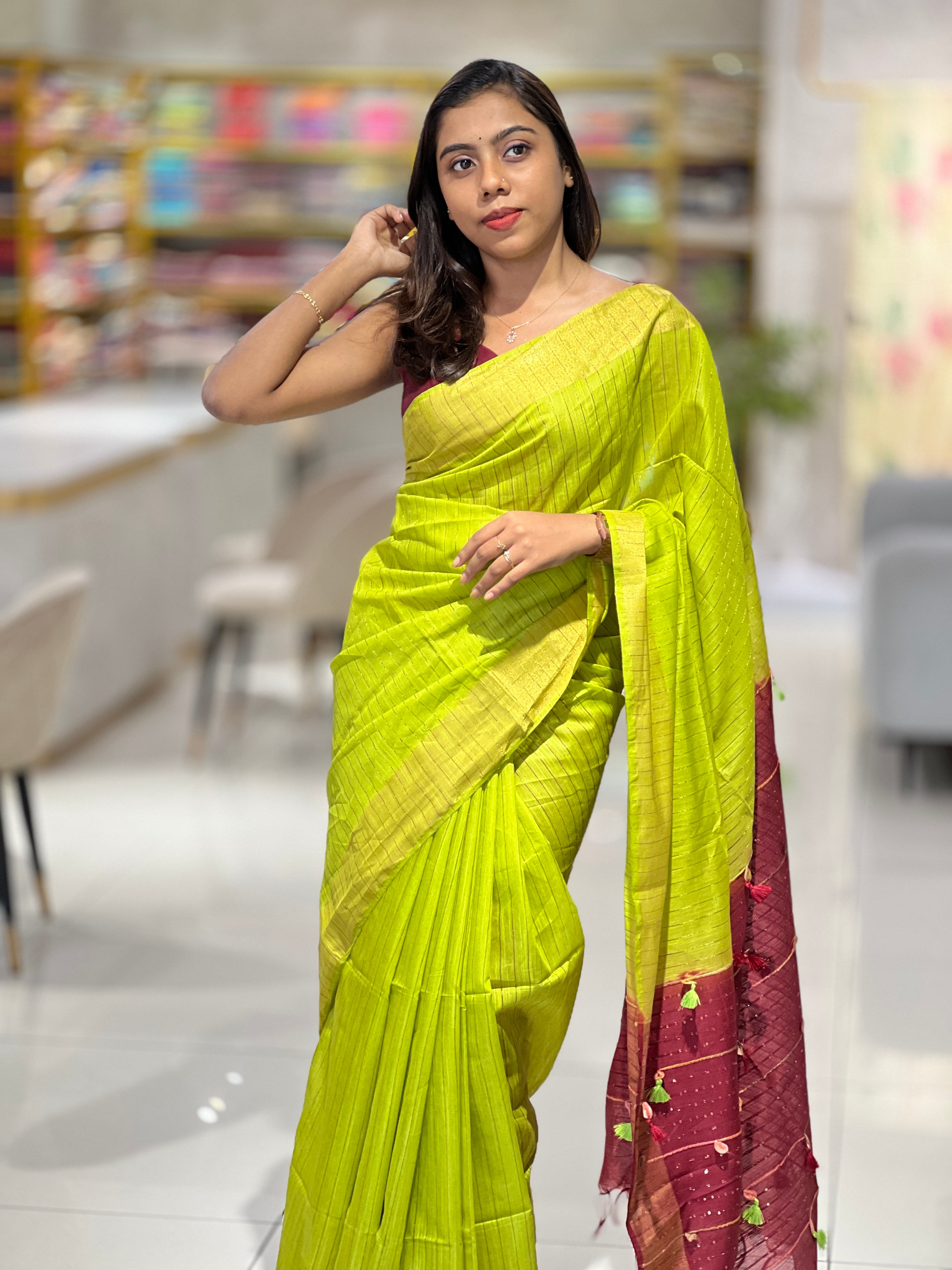Zari Stripes Detailed Bhagalpuri Linen Saree | US257