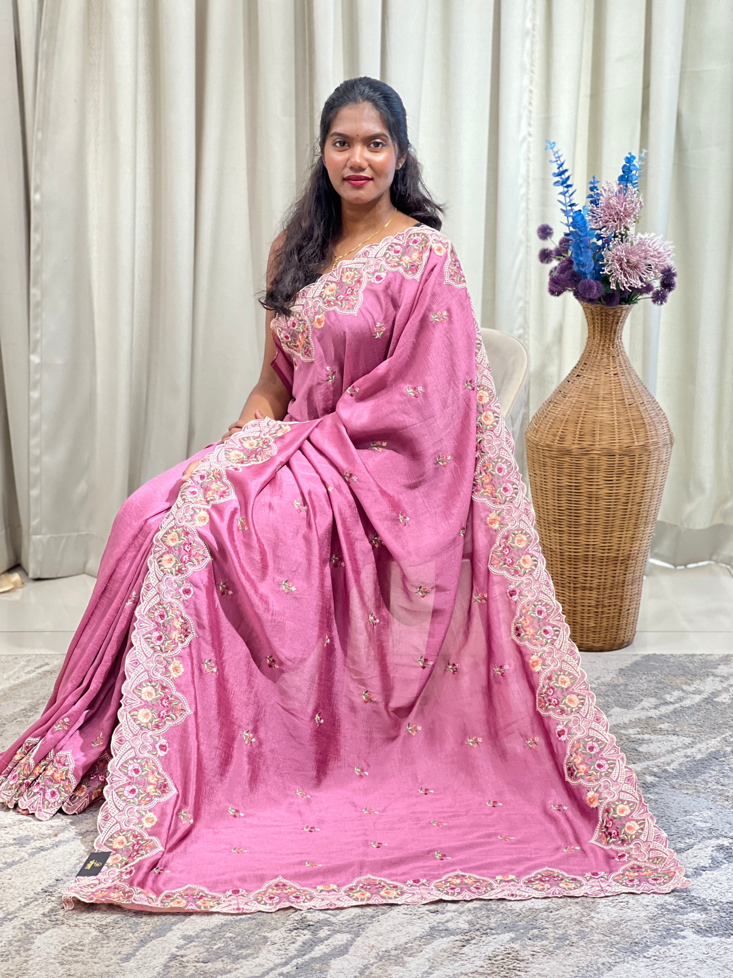Floral Embroidery Pattern Semi Tussar Saree | RP856