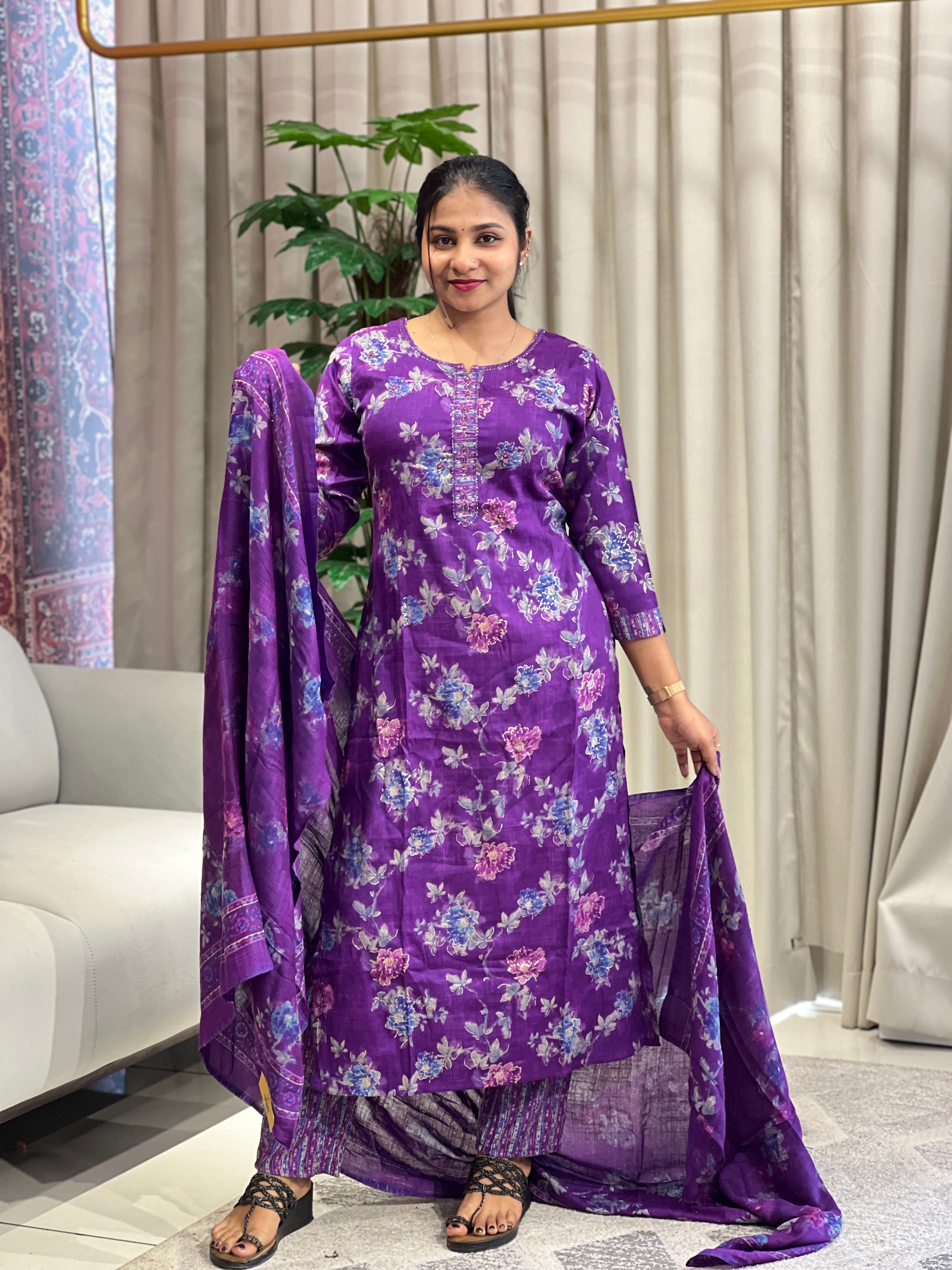 Floral Print With Foil Paint Detailed Rayon Kurta Set | FW368