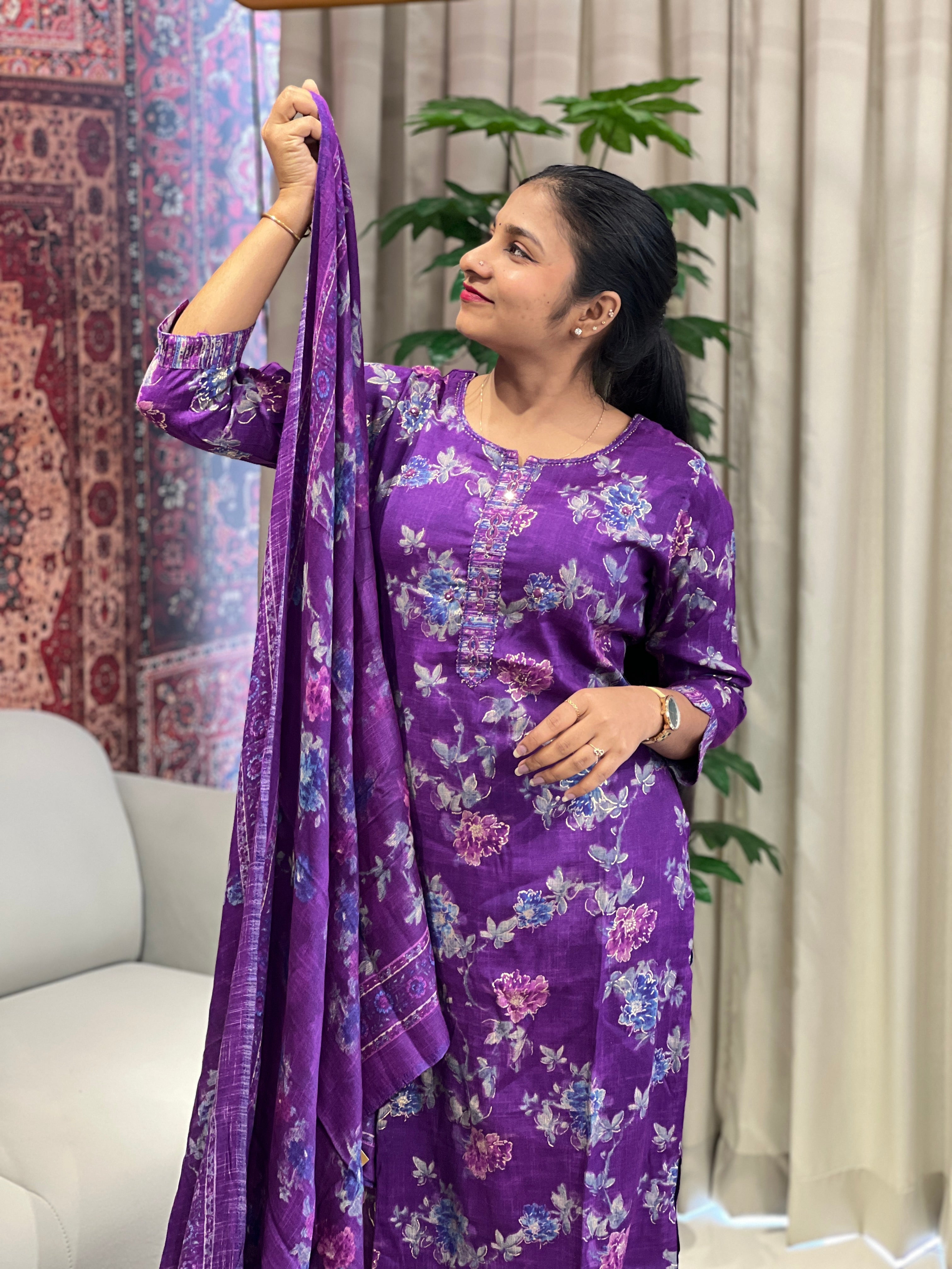 Floral Print With Foil Paint Detailed Rayon Kurta Set | FW368