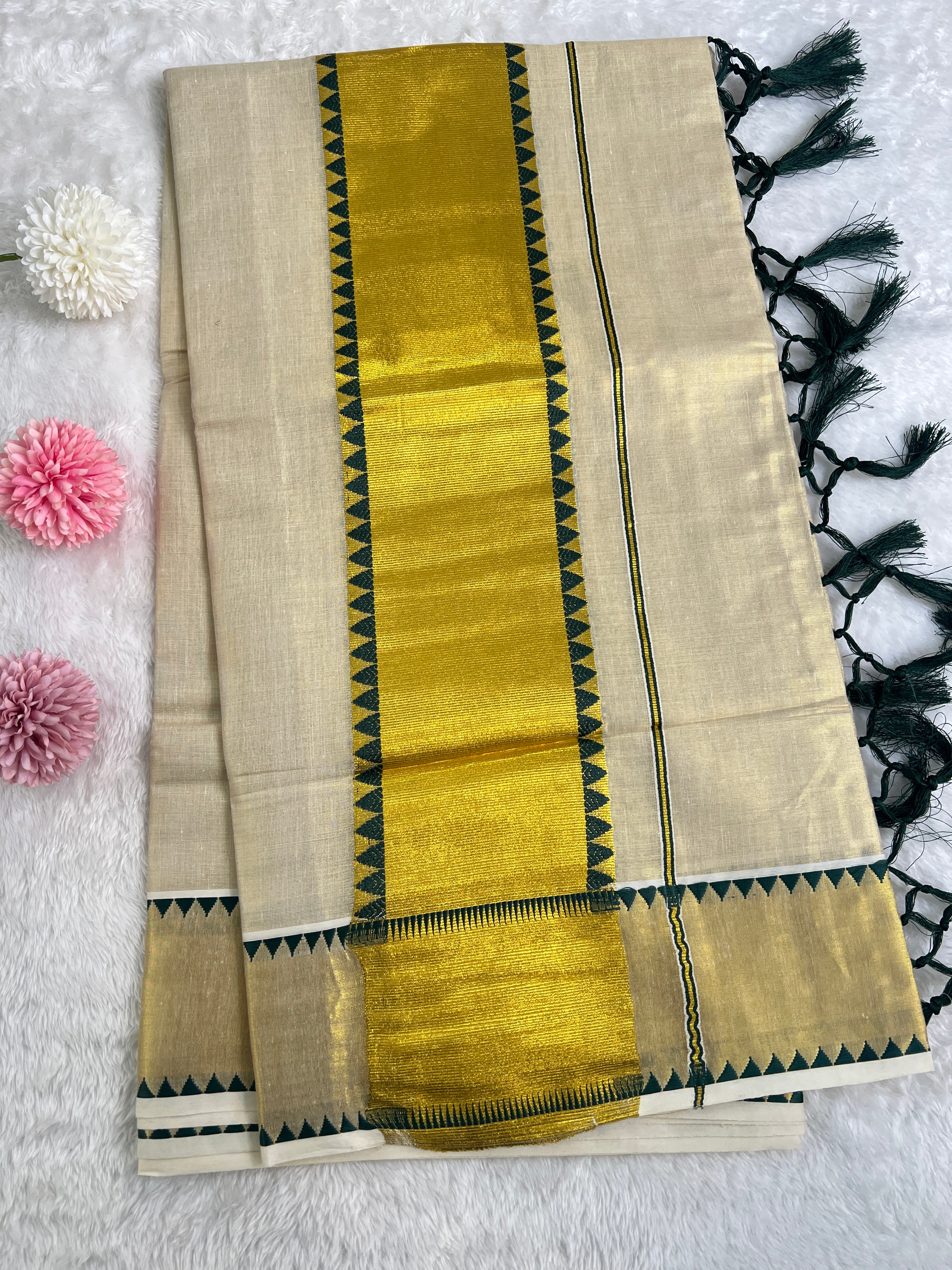 Temple Pattern Border Tissue Set Mundu | GAT523