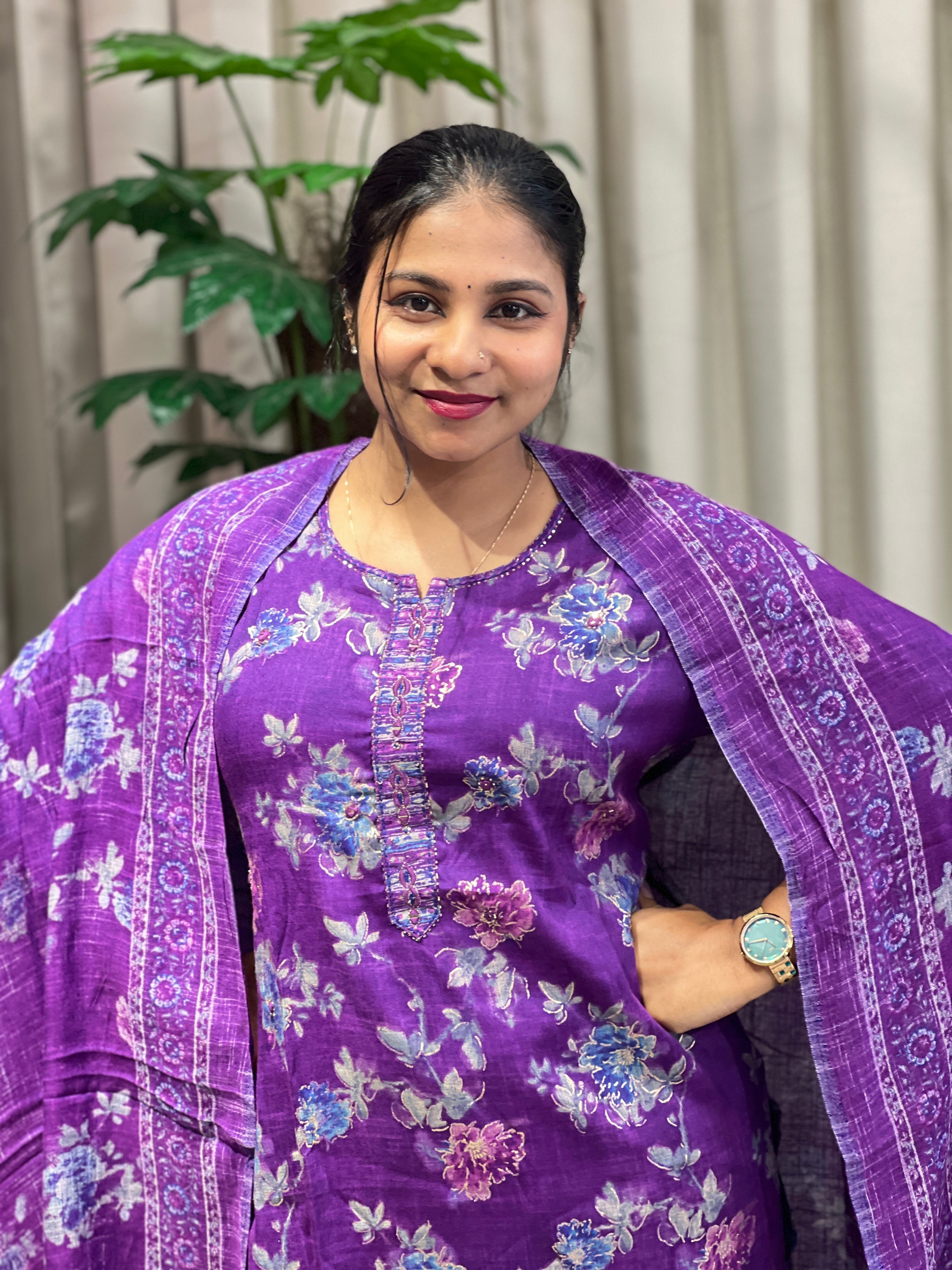 Floral Print With Foil Paint Detailed Rayon Kurta Set | FW368