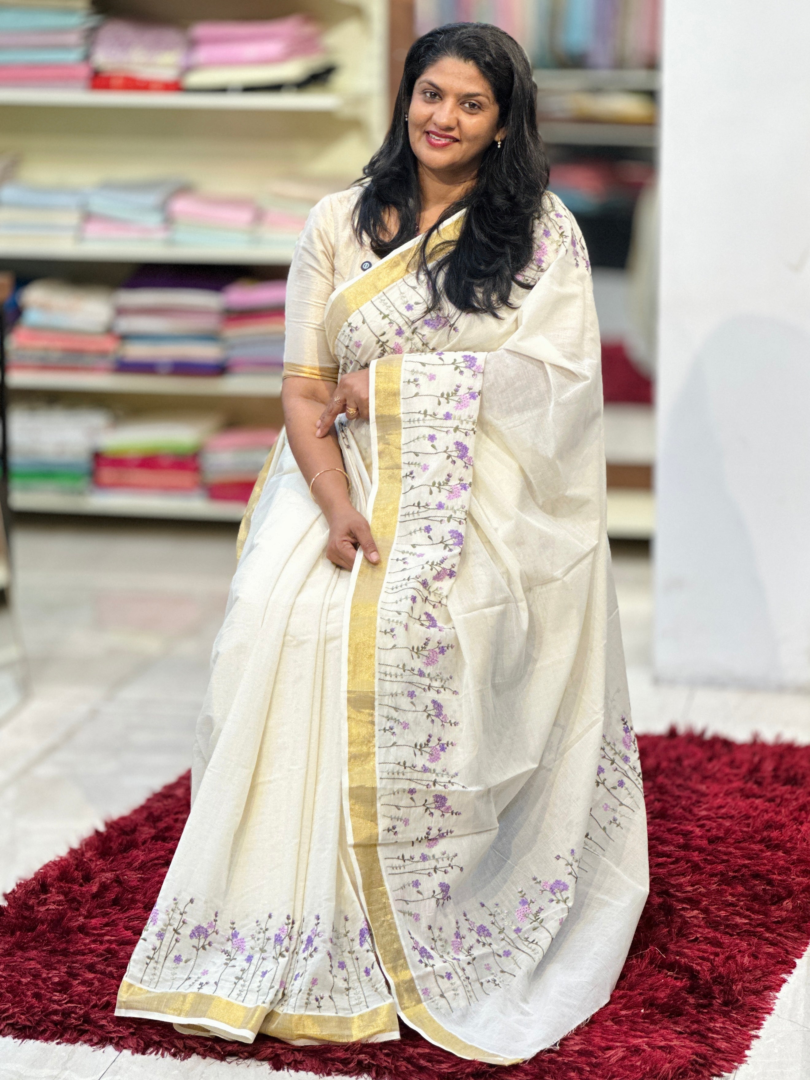 Machine Embroidered Kerala Cotton Saree | JSC284