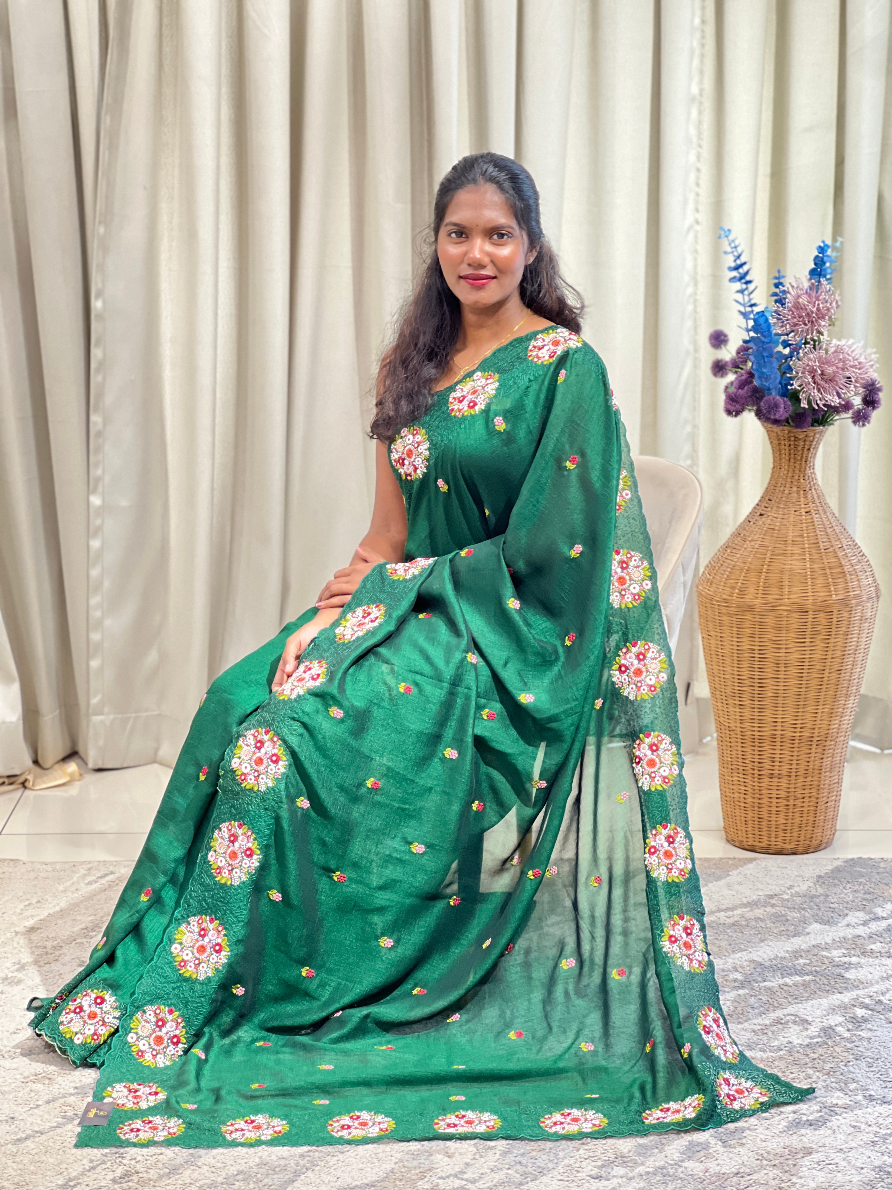 Floral Embroidery Pattern Semi Silk Saree | RP845
