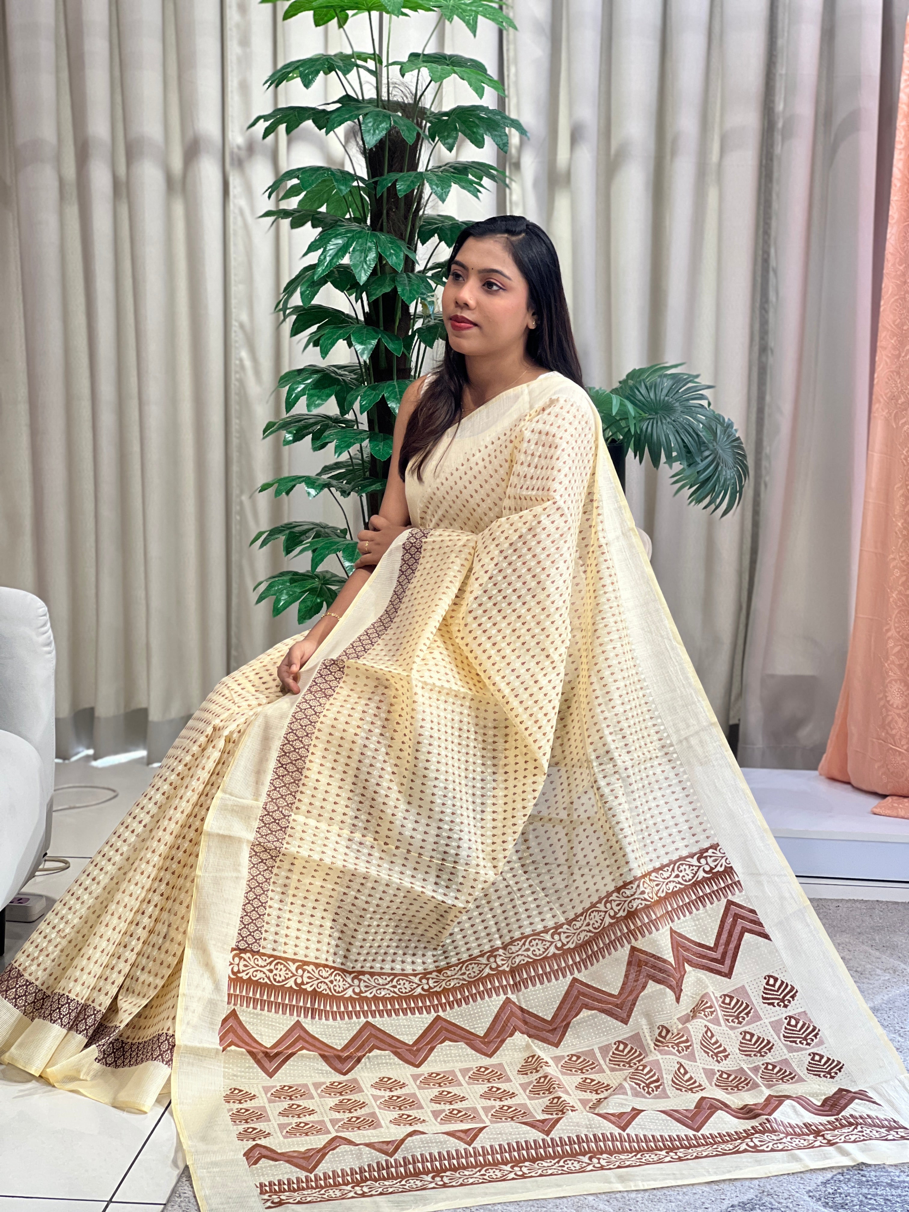 Screen Printed Woven Border Cotton Saree | VDA224