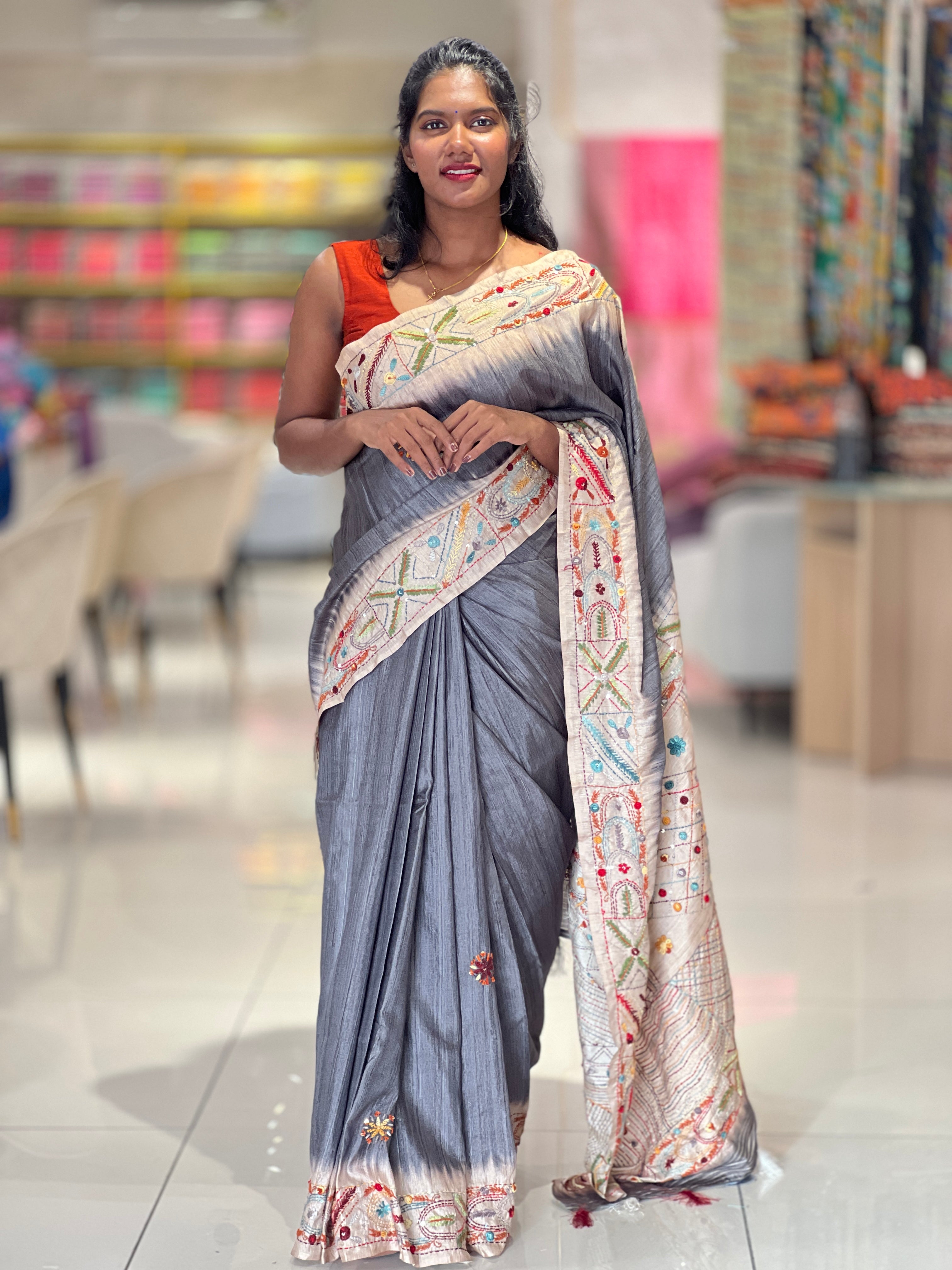 Hand Embroidered Semi Tussar Saree | GAR103