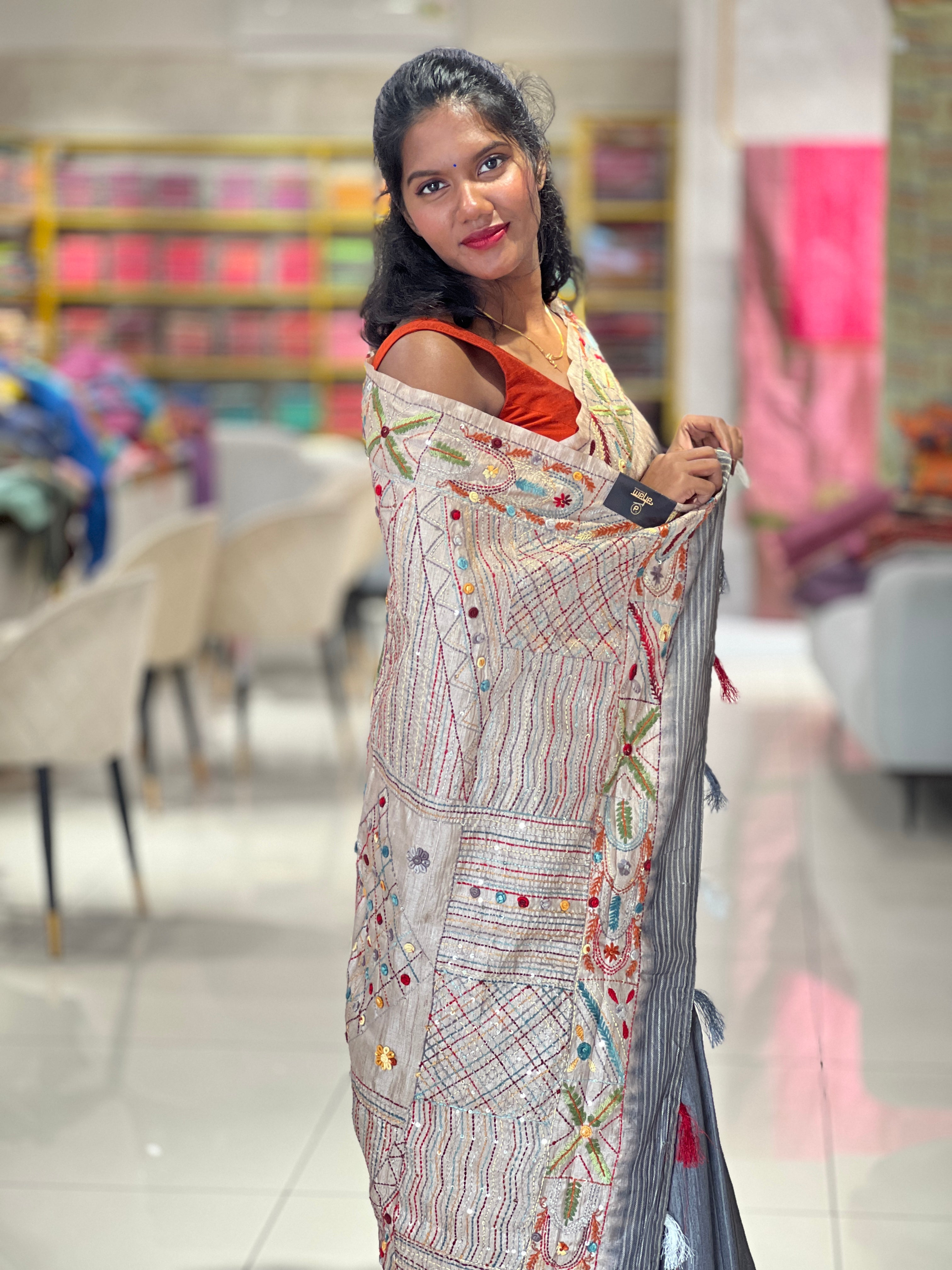 Hand Embroidered Semi Tussar Saree | GAR103