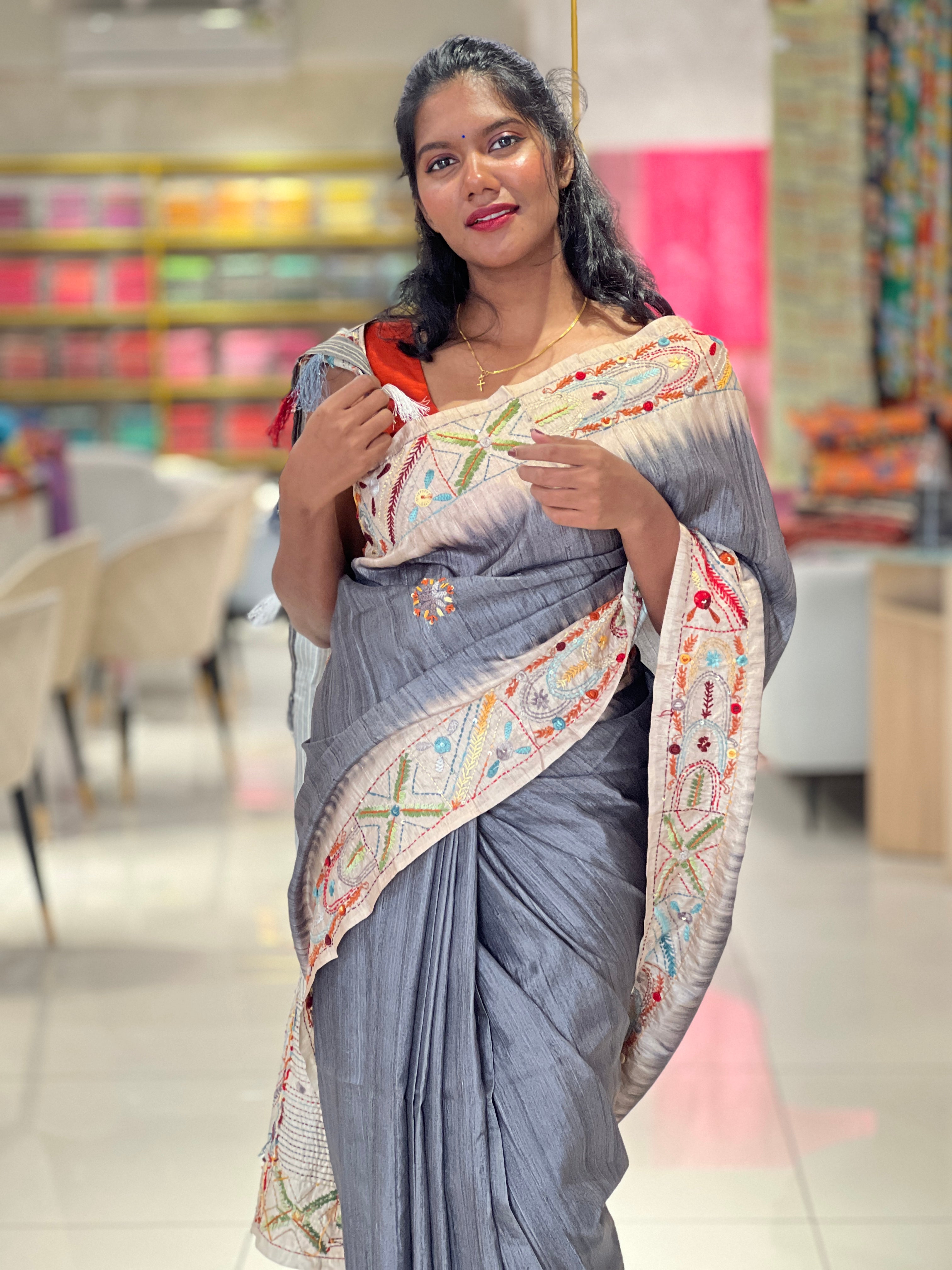 Hand Embroidered Semi Tussar Saree | GAR103