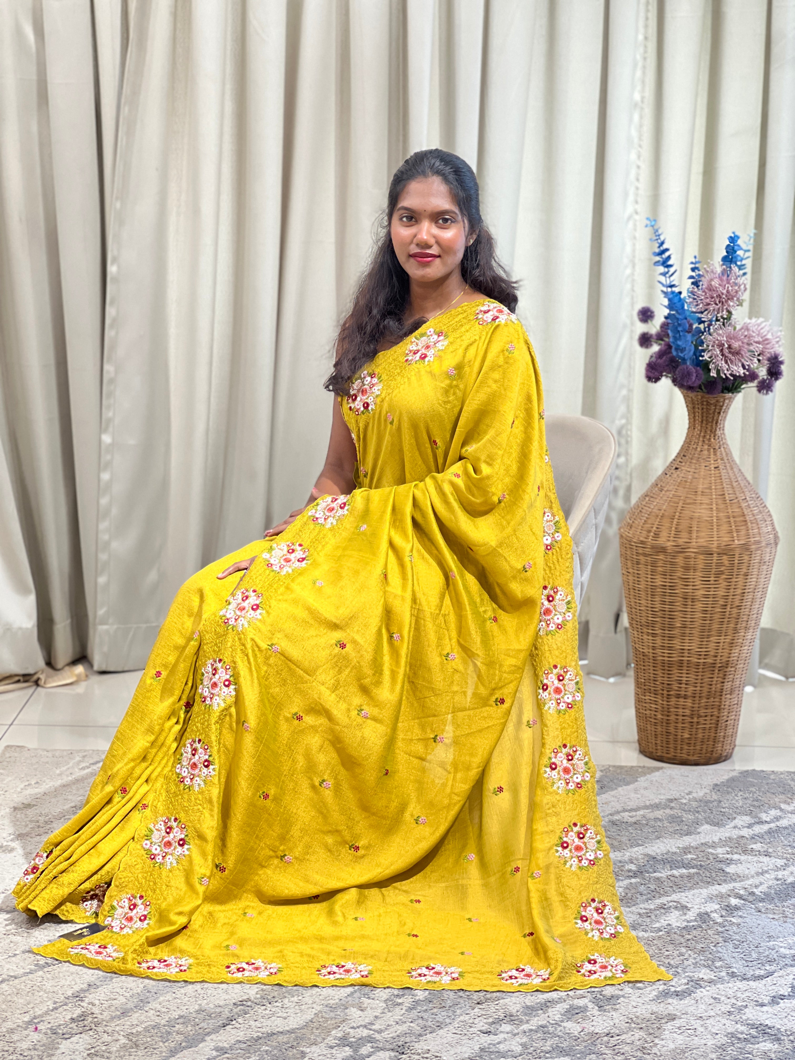 Floral Embroidery Pattern Semi Silk Saree | RP851