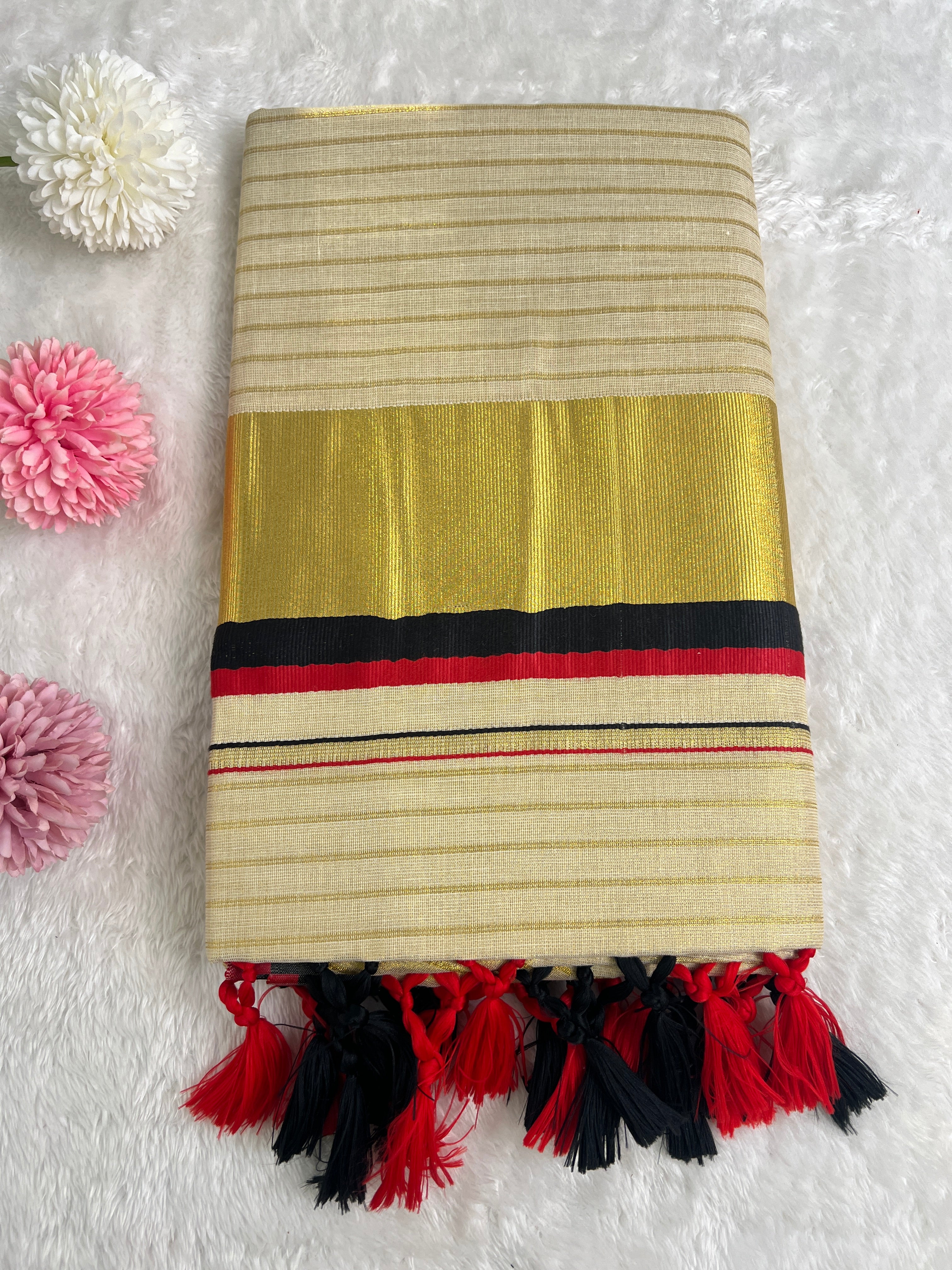 Double Border Pattern Tissue Set Mundu |GAT461