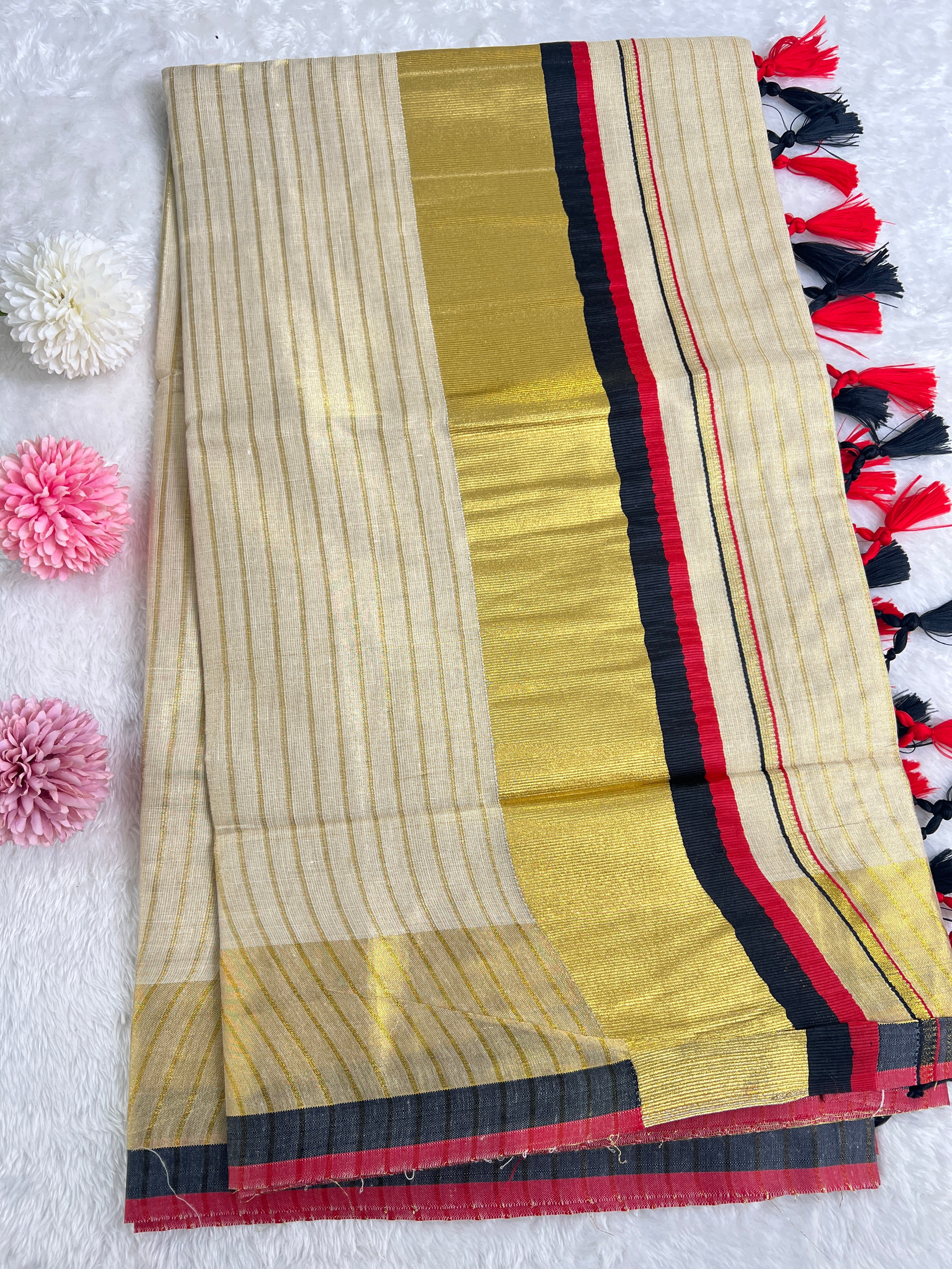 Double Border Pattern Tissue Set Mundu |GAT461