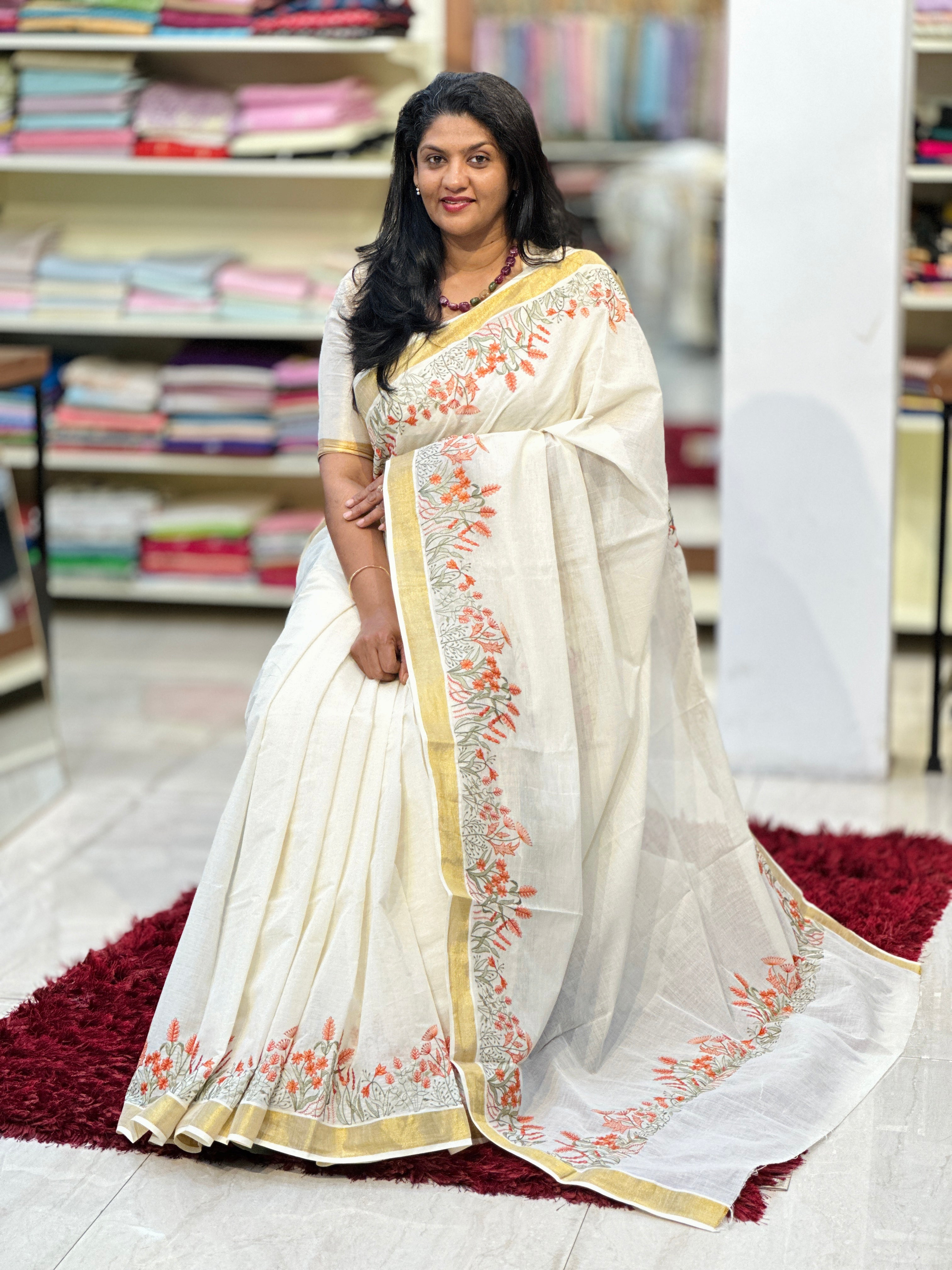Machine Embroidered Kerala Cotton Saree | JSC318