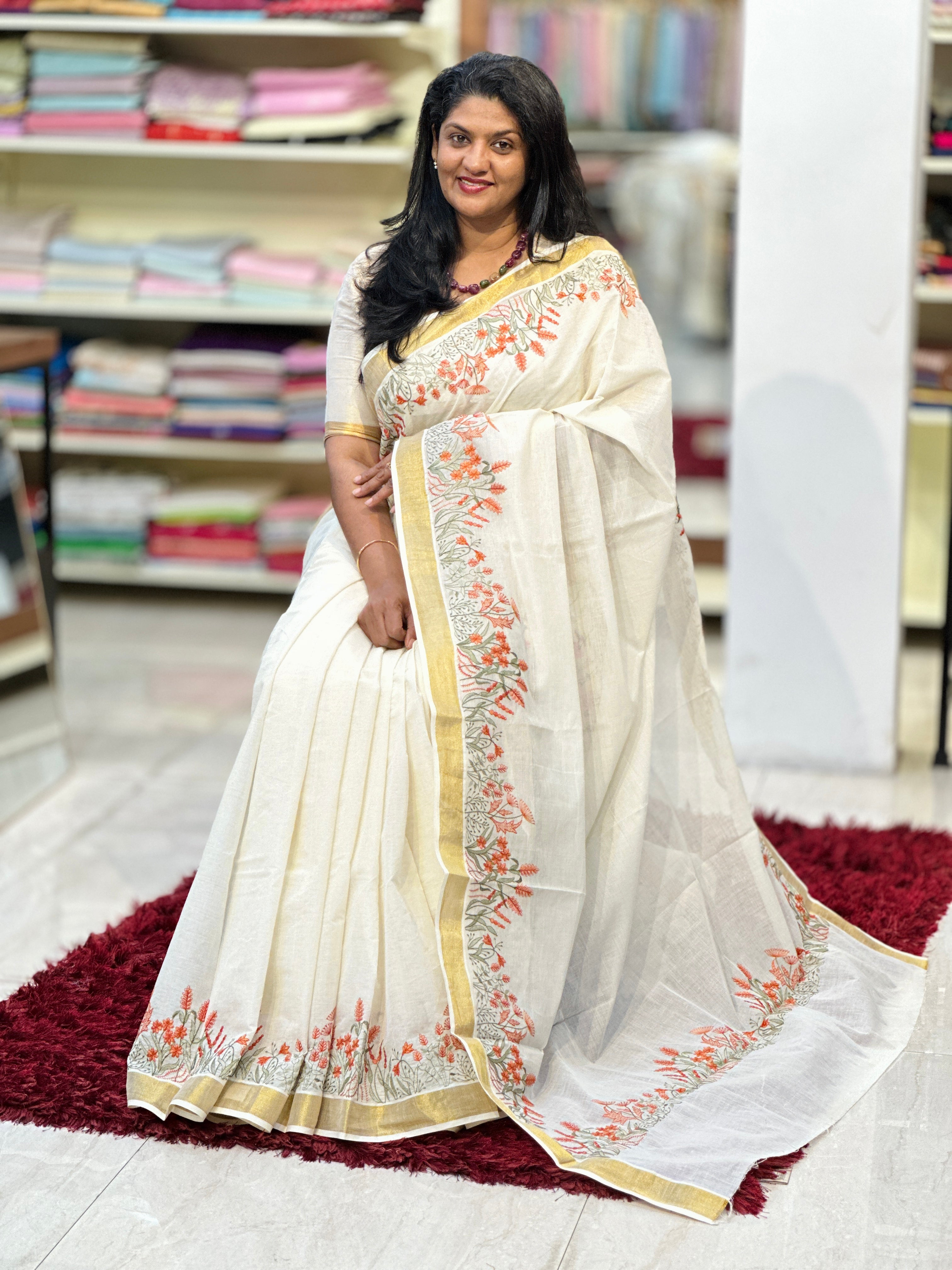 Machine Embroidered Kerala Cotton Saree | JSC318