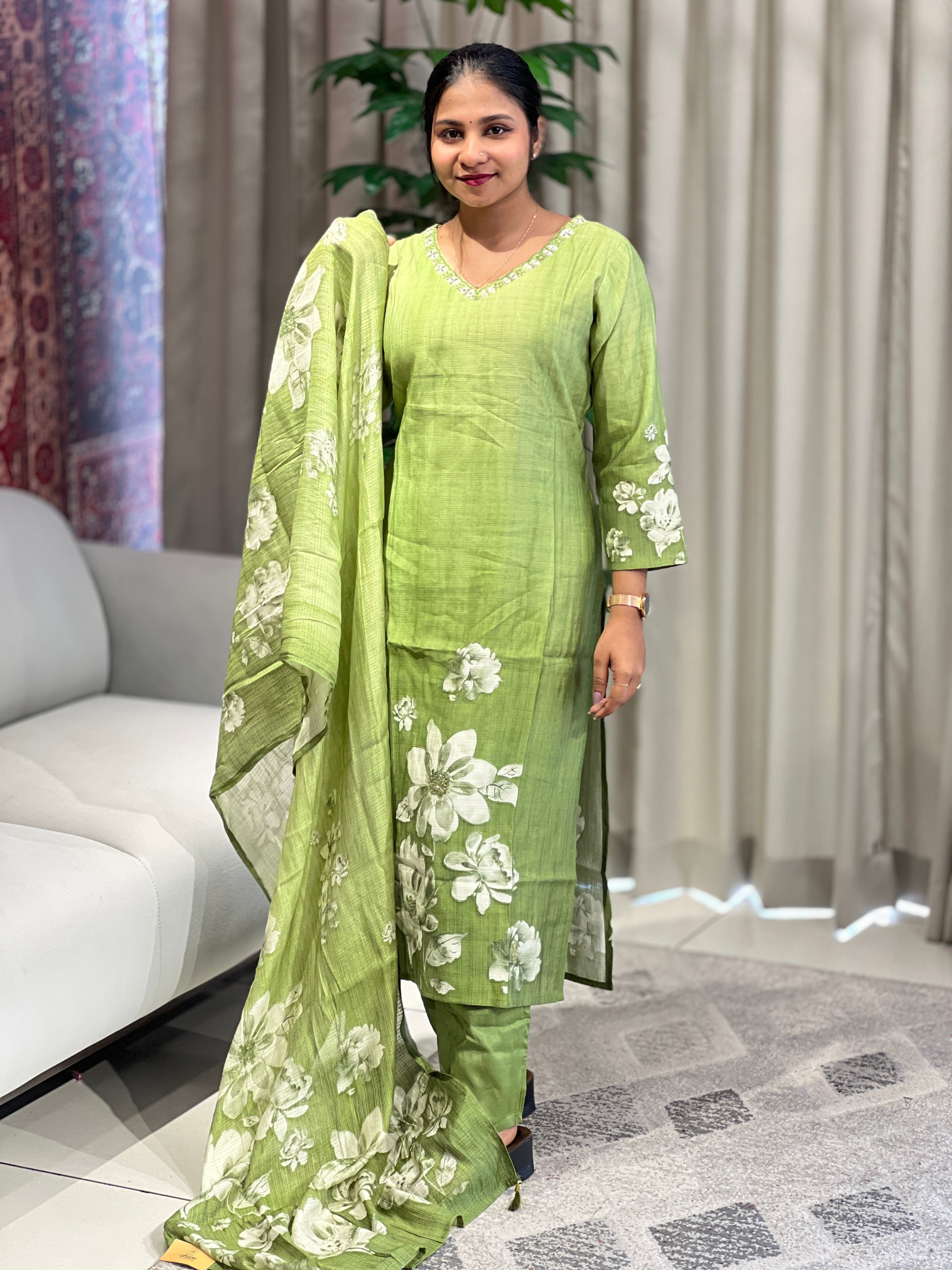 Floral Print With Embroidery Detailed Muslin Kurta Set | FW357