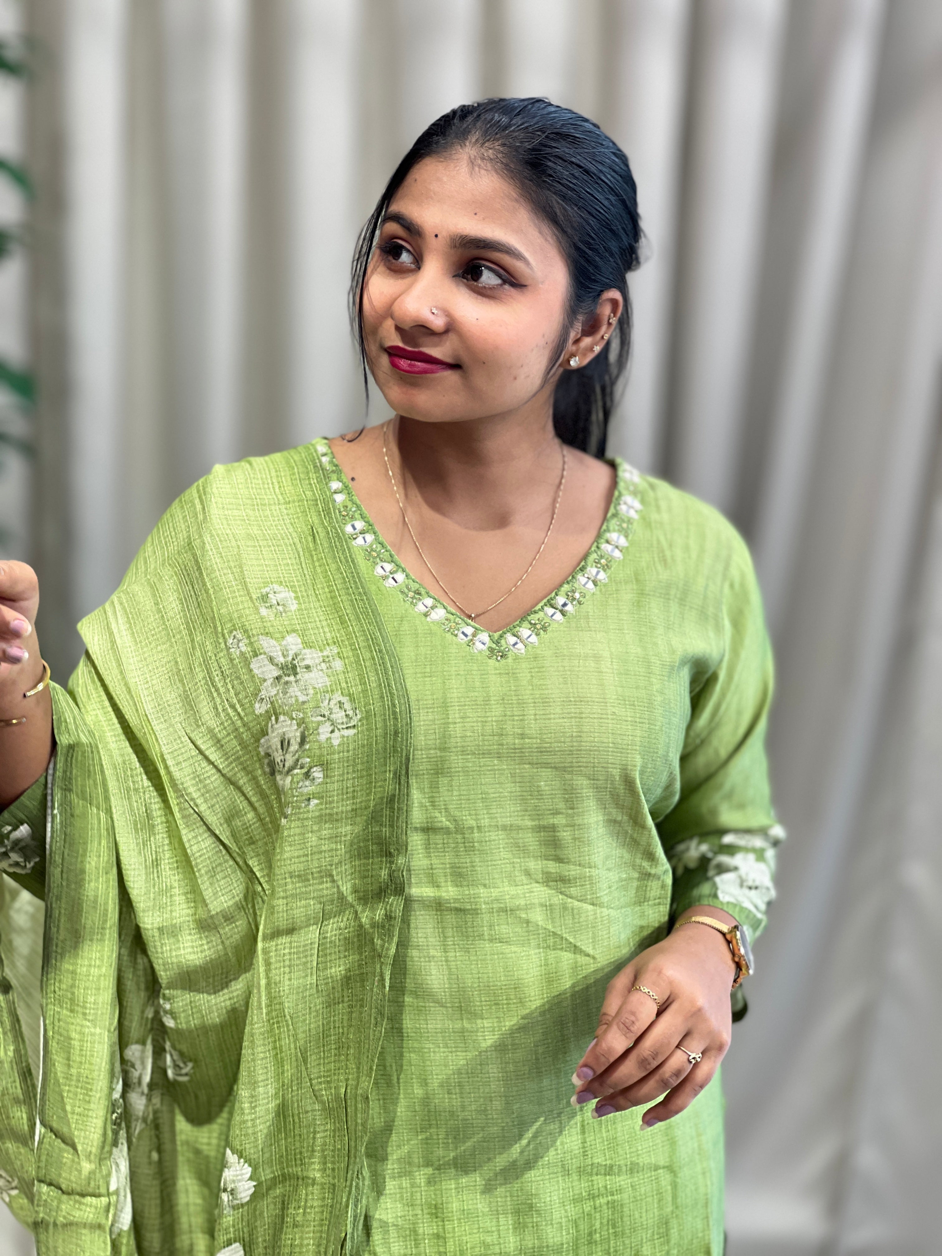 Floral Print With Embroidery Detailed Muslin Kurta Set | FW357