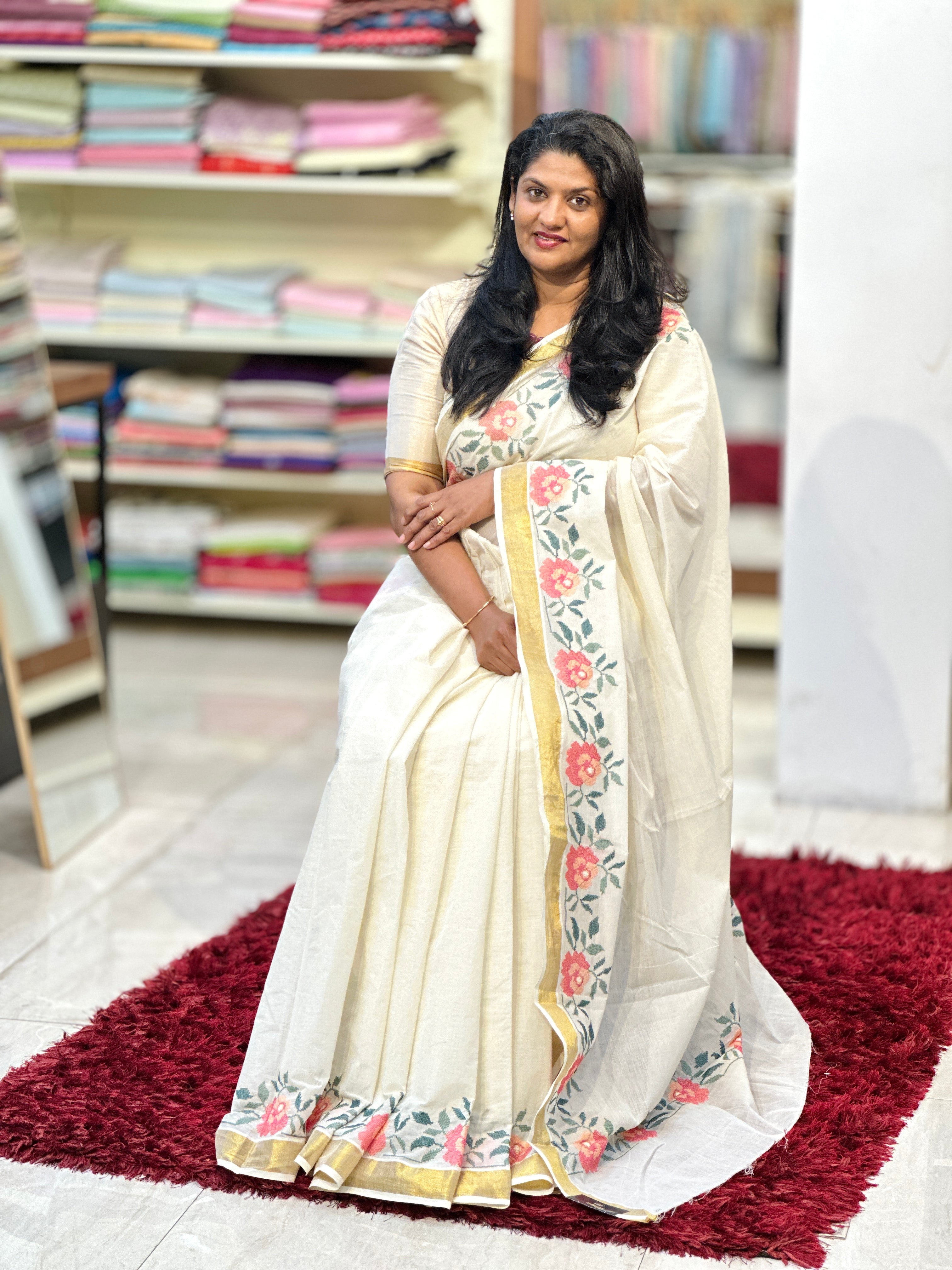 Floral Embroidered Kerala Cotton Saree | JSC287