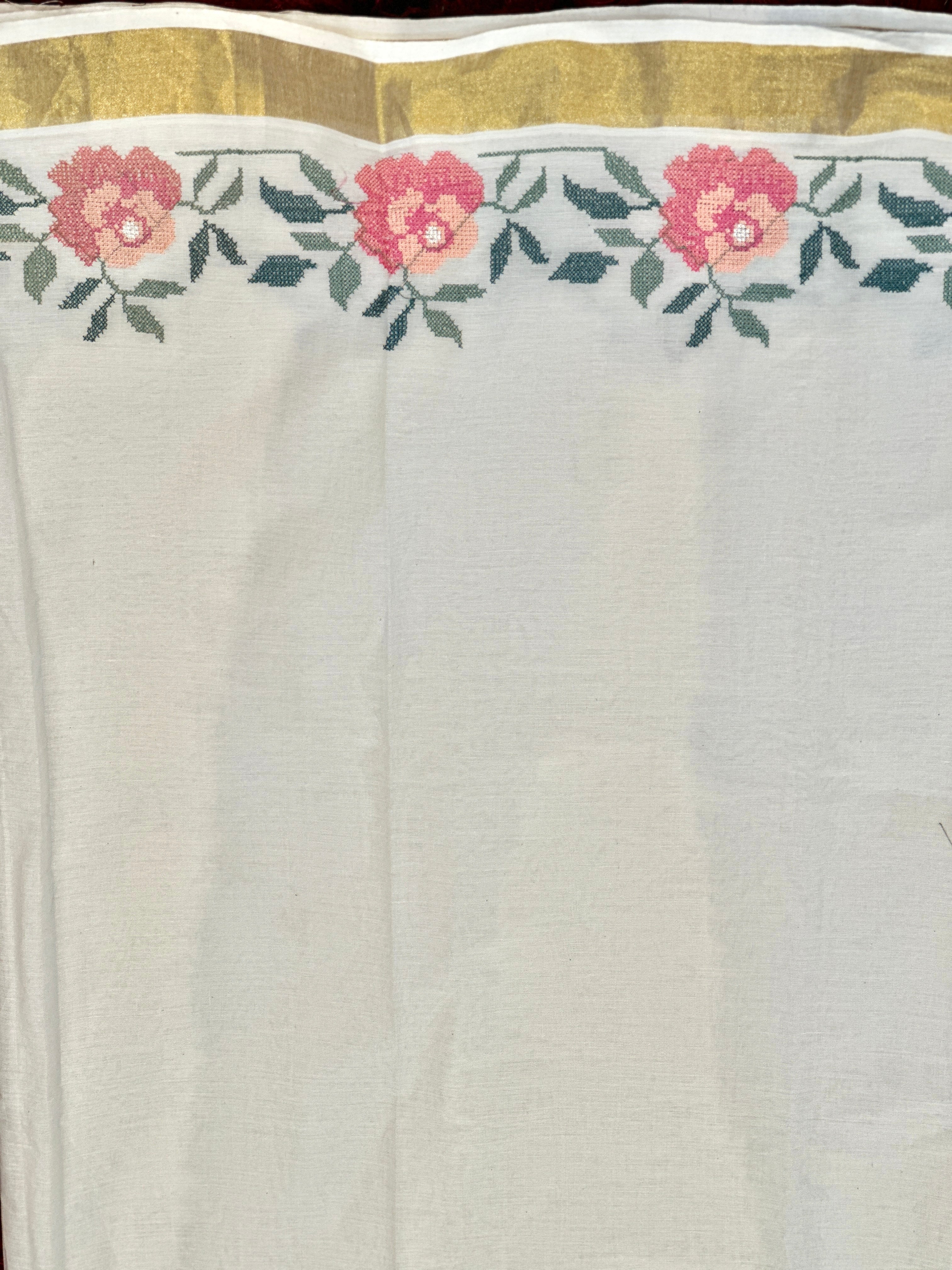 Floral Embroidered Kerala Cotton Saree | JSC287