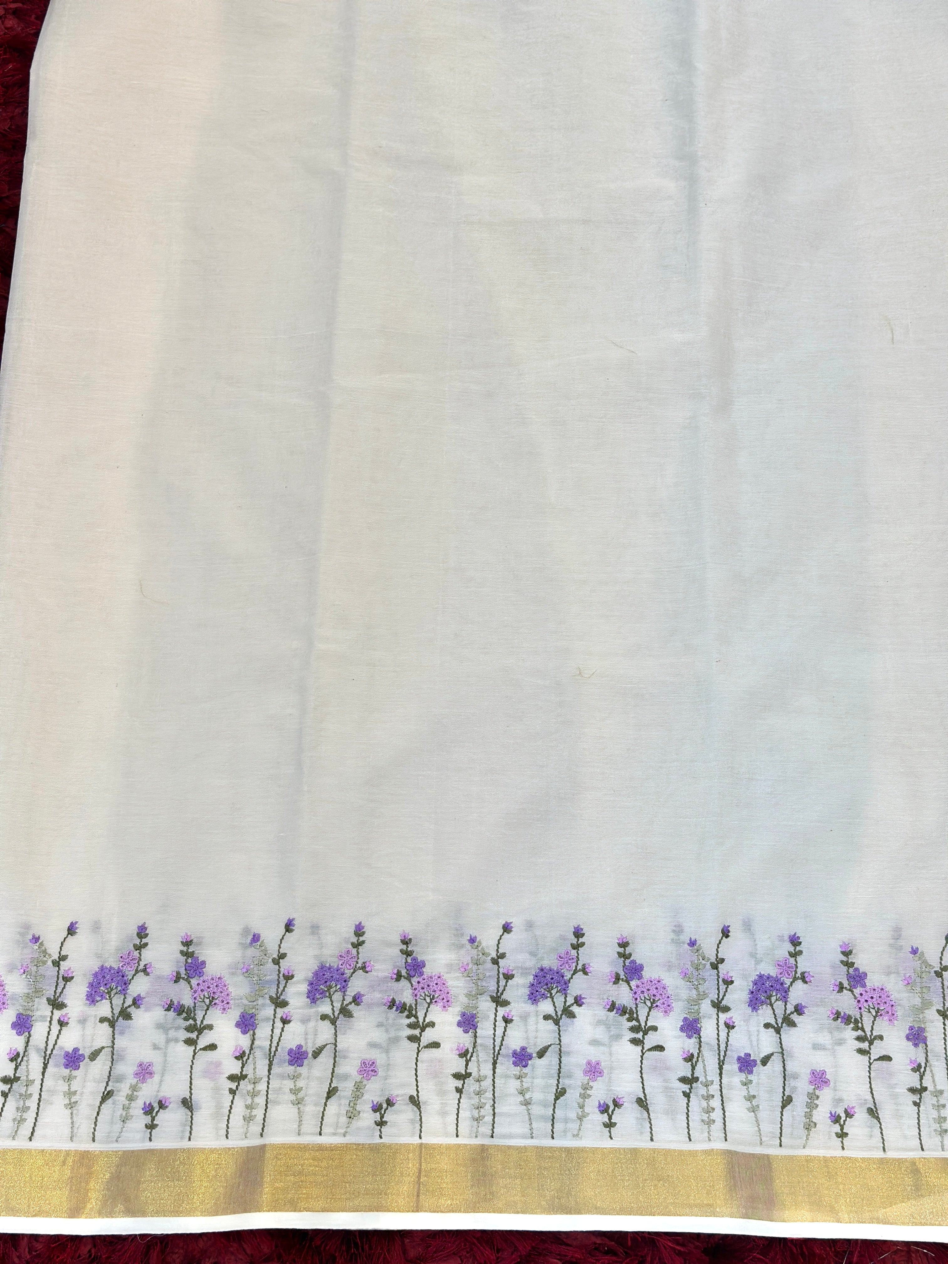 Machine Embroidered Kerala Cotton Saree | JSC284