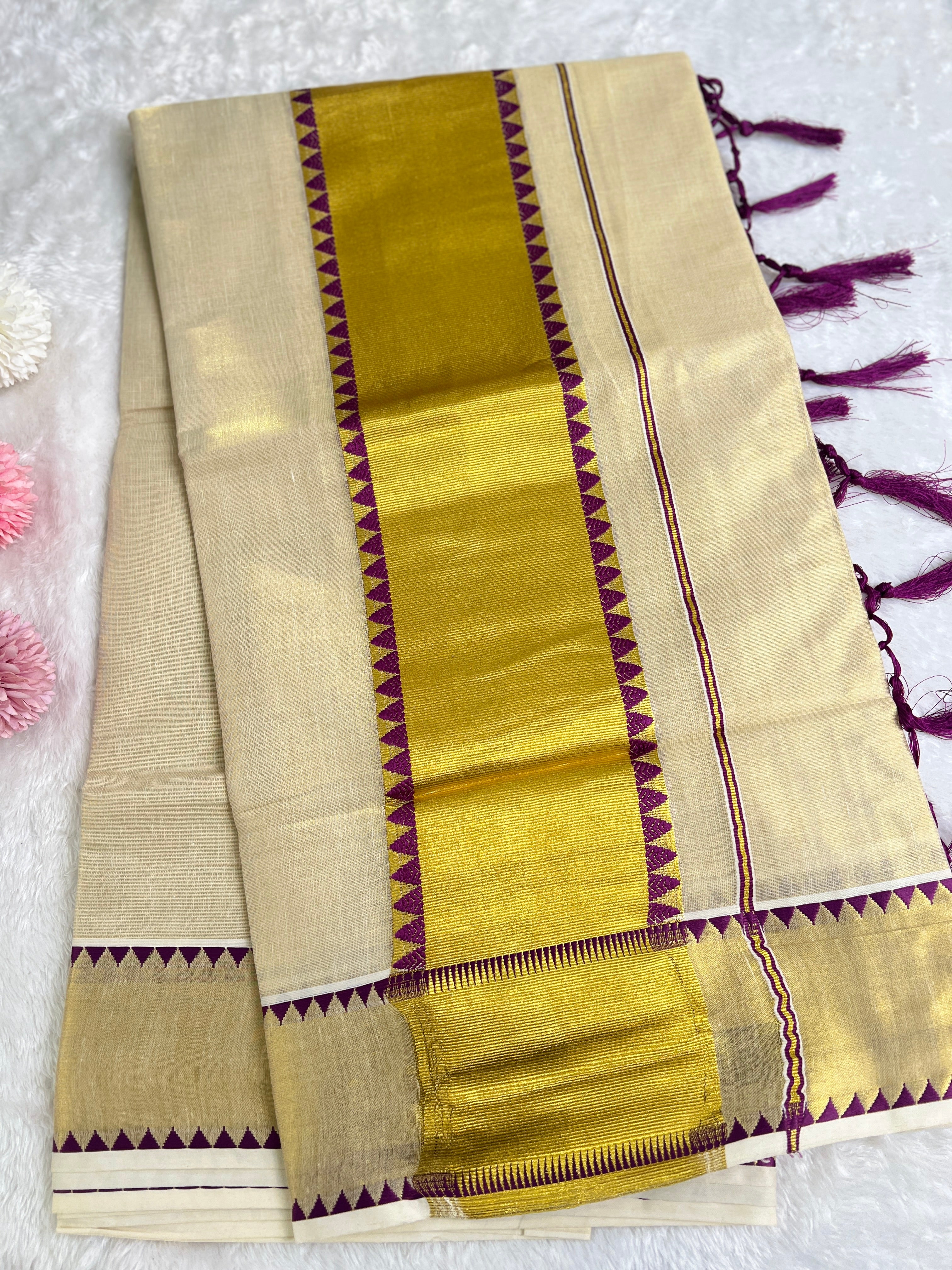 Temple Pattern Border Tissue Set Mundu |GAT522