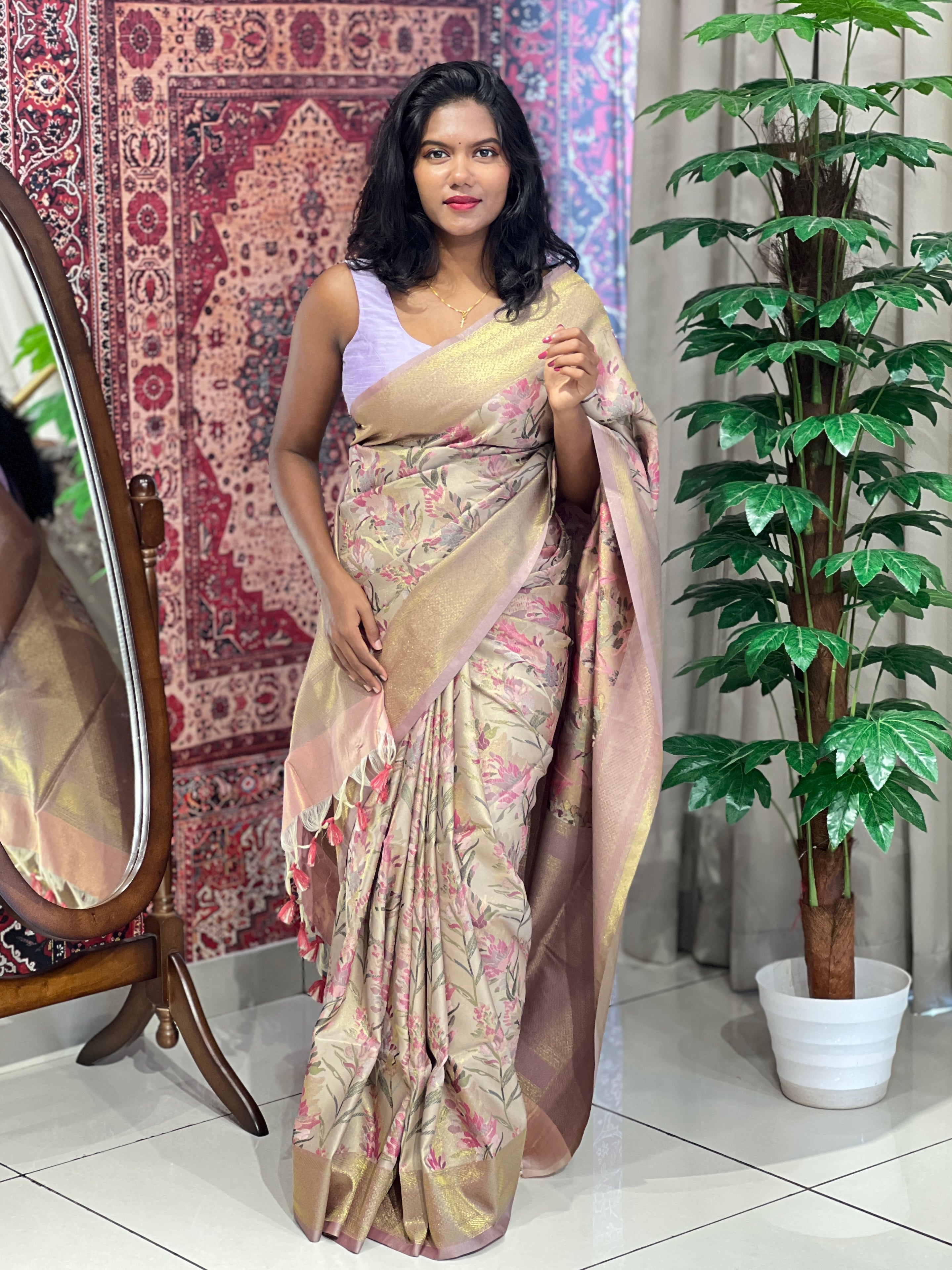 Floral Patterned Zari Woven Semi Tussar Saree | SSN256