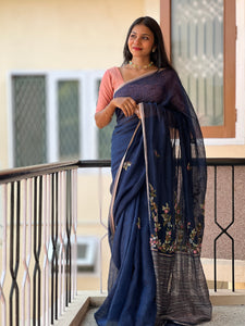 Floral Embroidered Linen Saree | GMS120