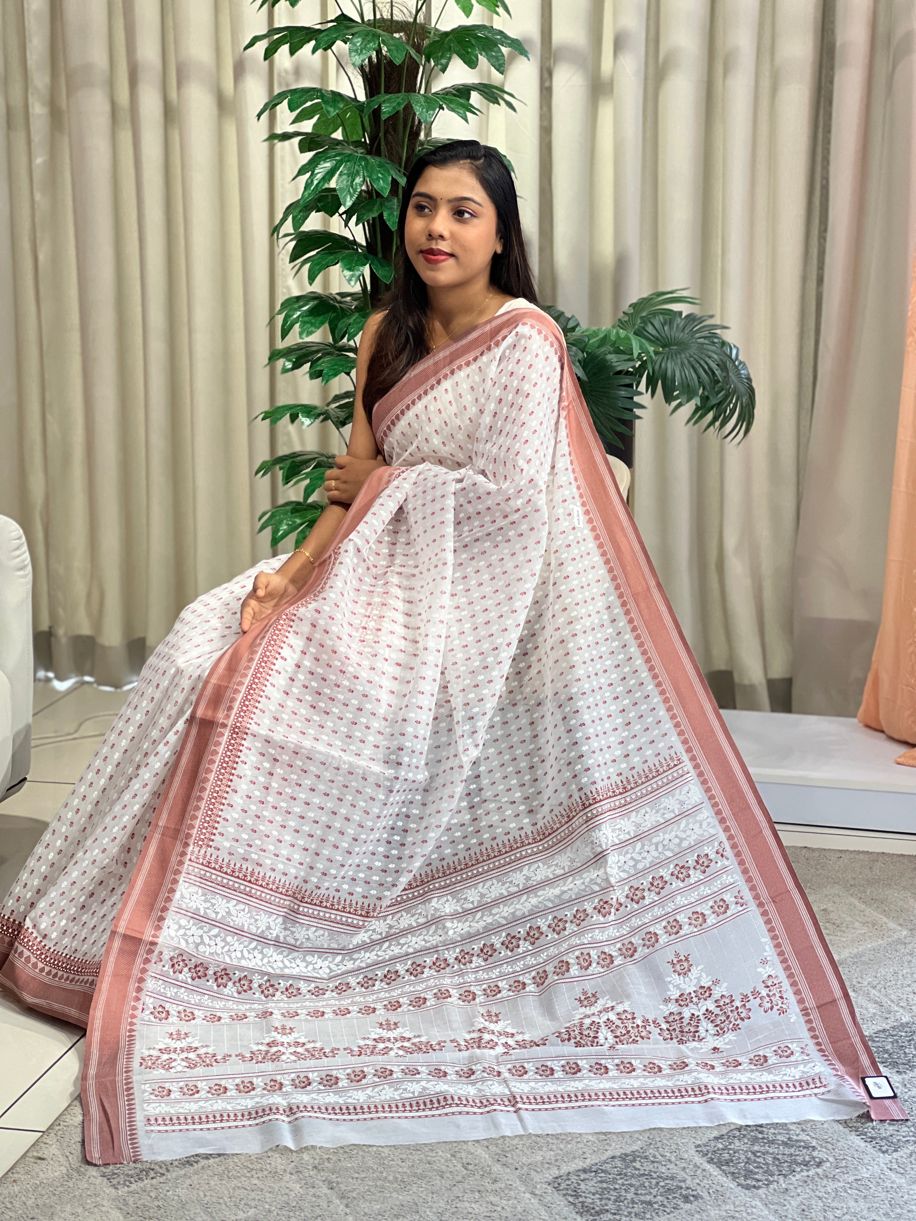 Screen Printed Woven Border Cotton Saree | VDA309