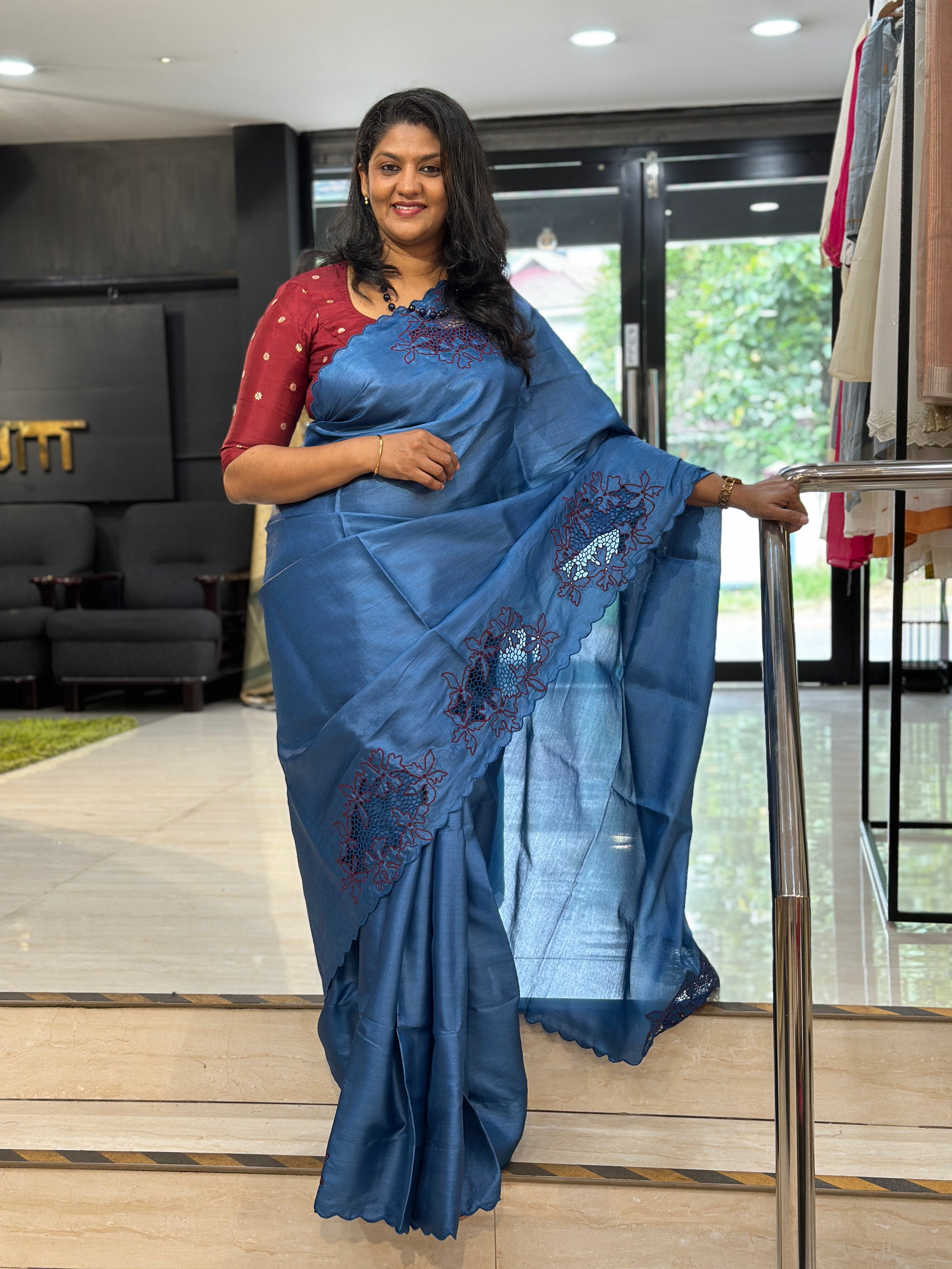 Powerloom Floral Twine Cut Work Tussar Saree | TC496