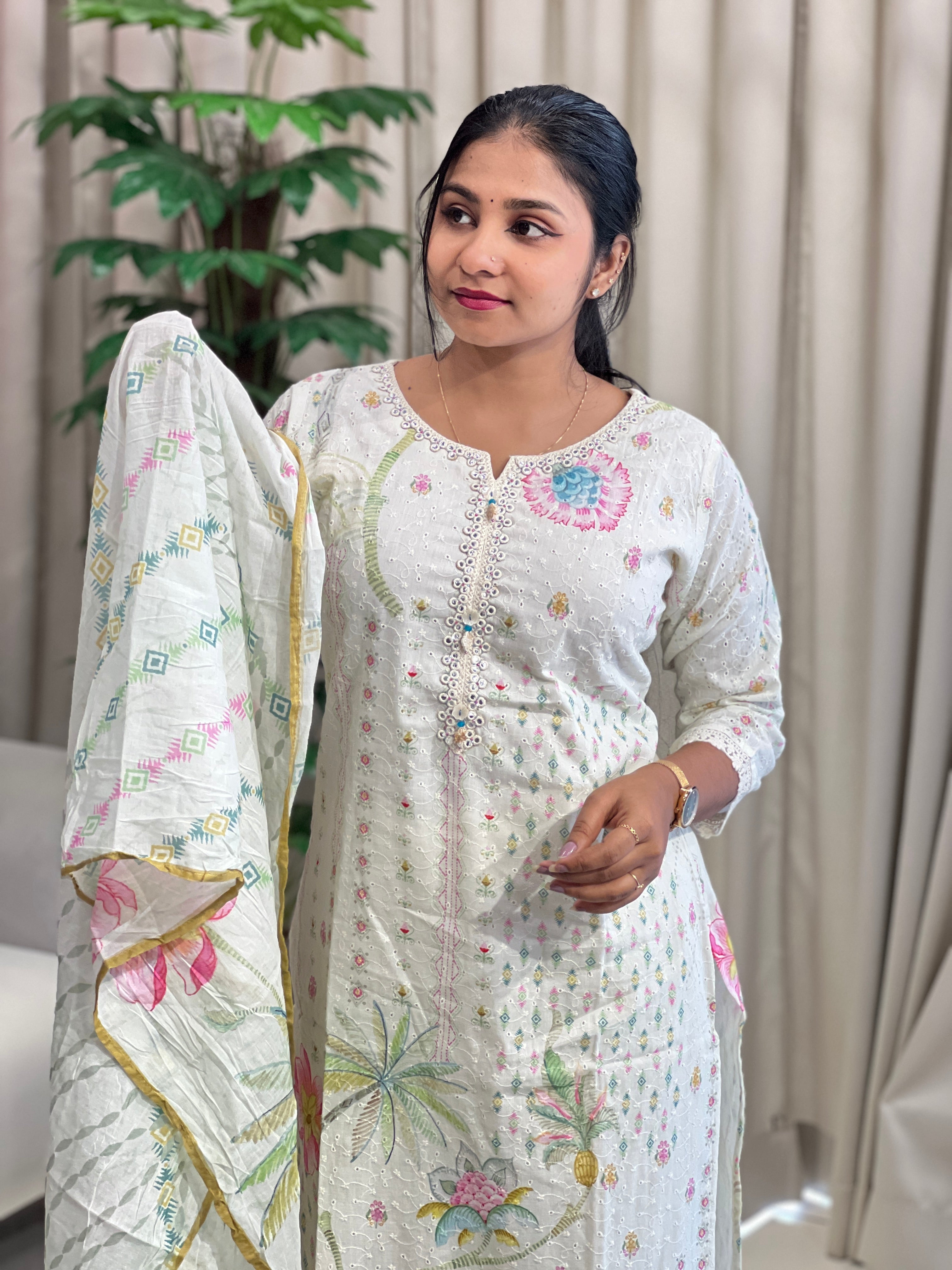 Schiffli Pattern With Print Detailed Cotton Kurta Set | FW375