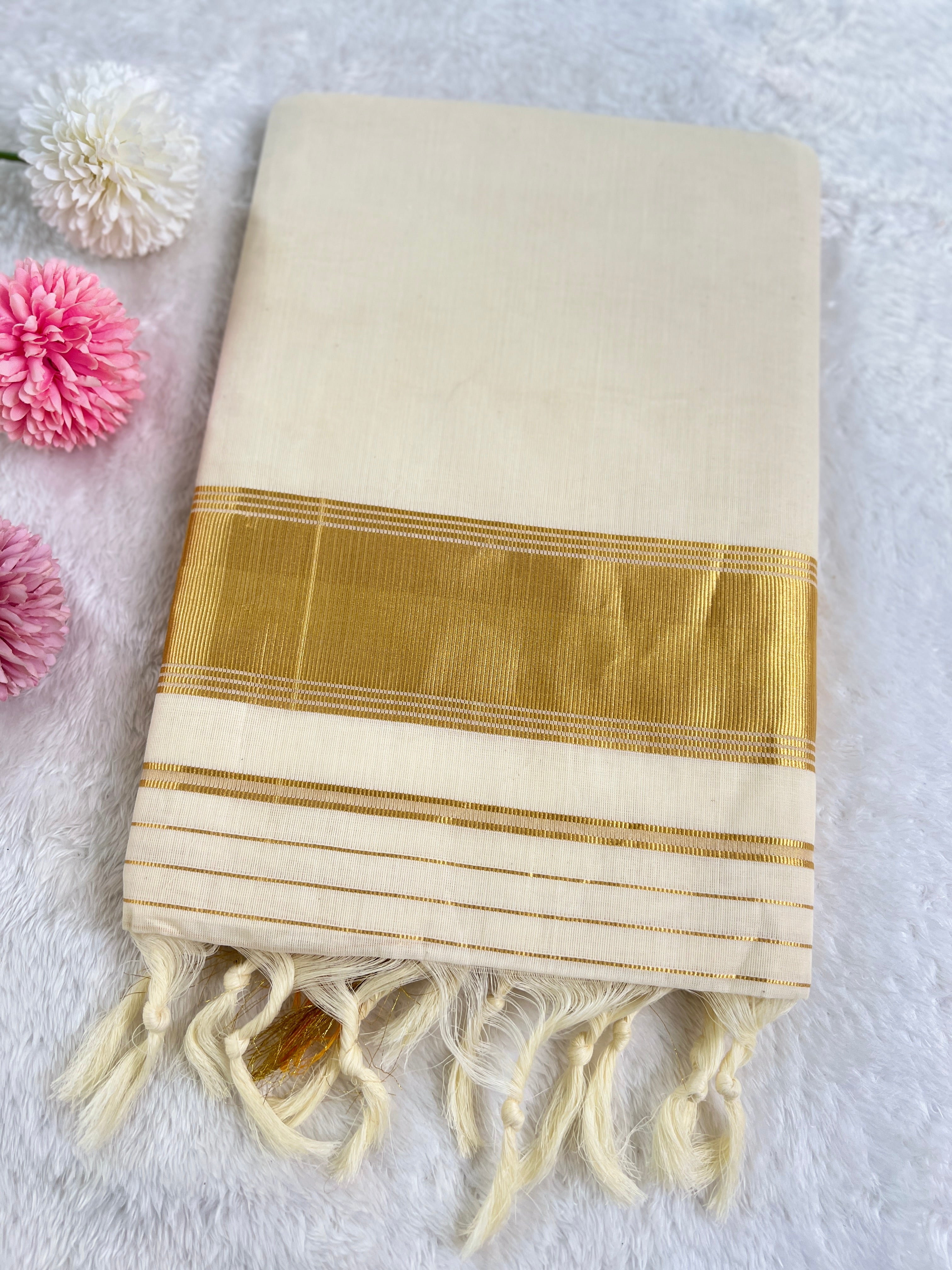 Golden Pattern Border Kerala Cotton Saree | GAT441