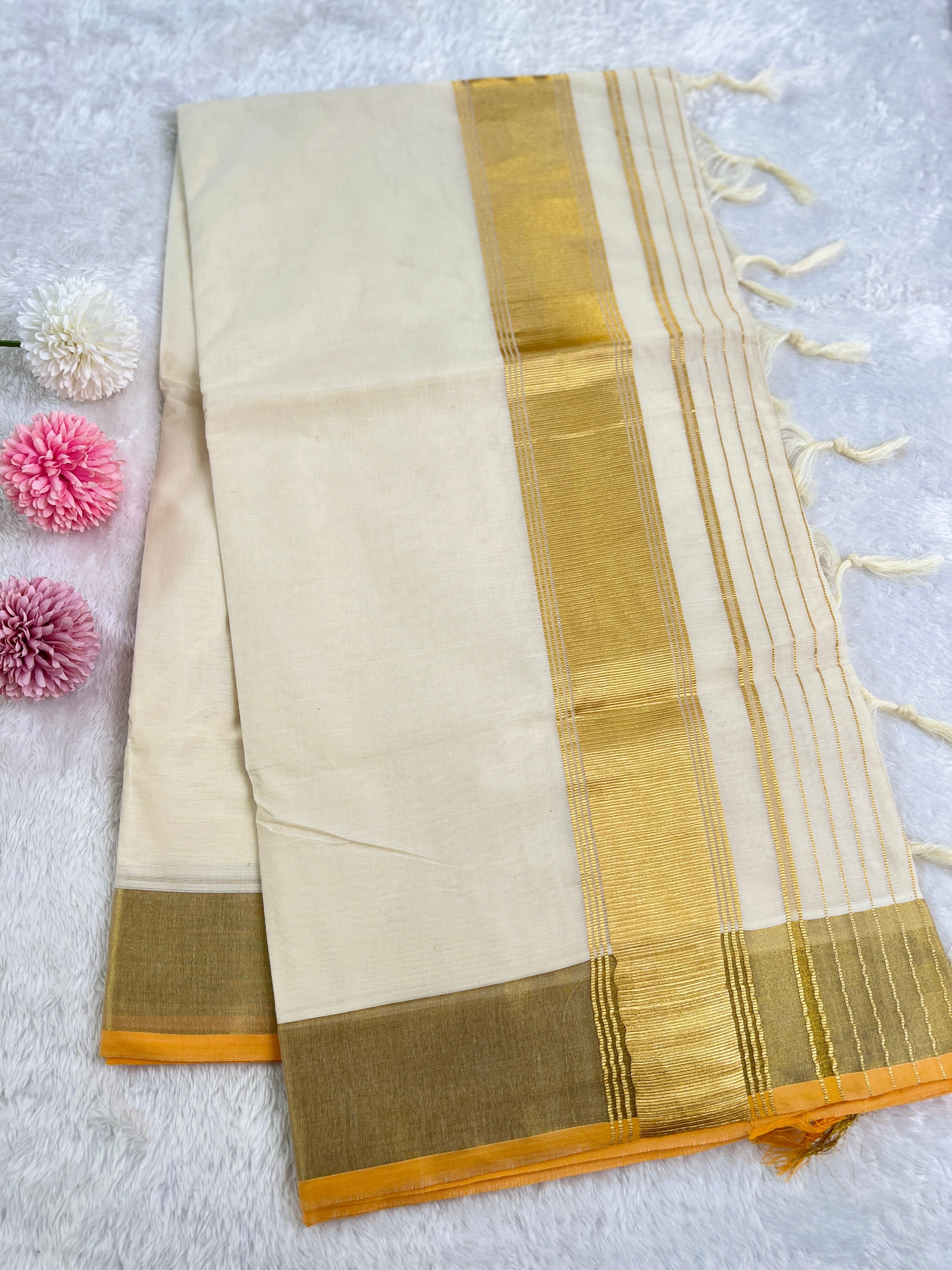 Golden Pattern Border Kerala Cotton Saree | GAT441