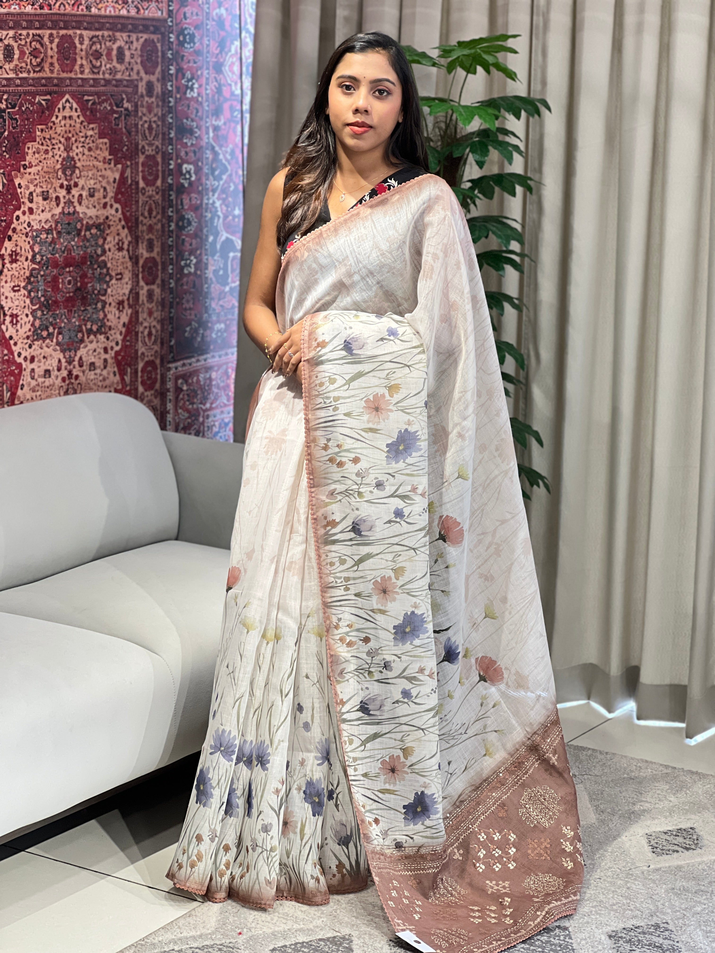 Floral Print & Hand Embroidery Detailed Tissue Linen Saree | BLD1932