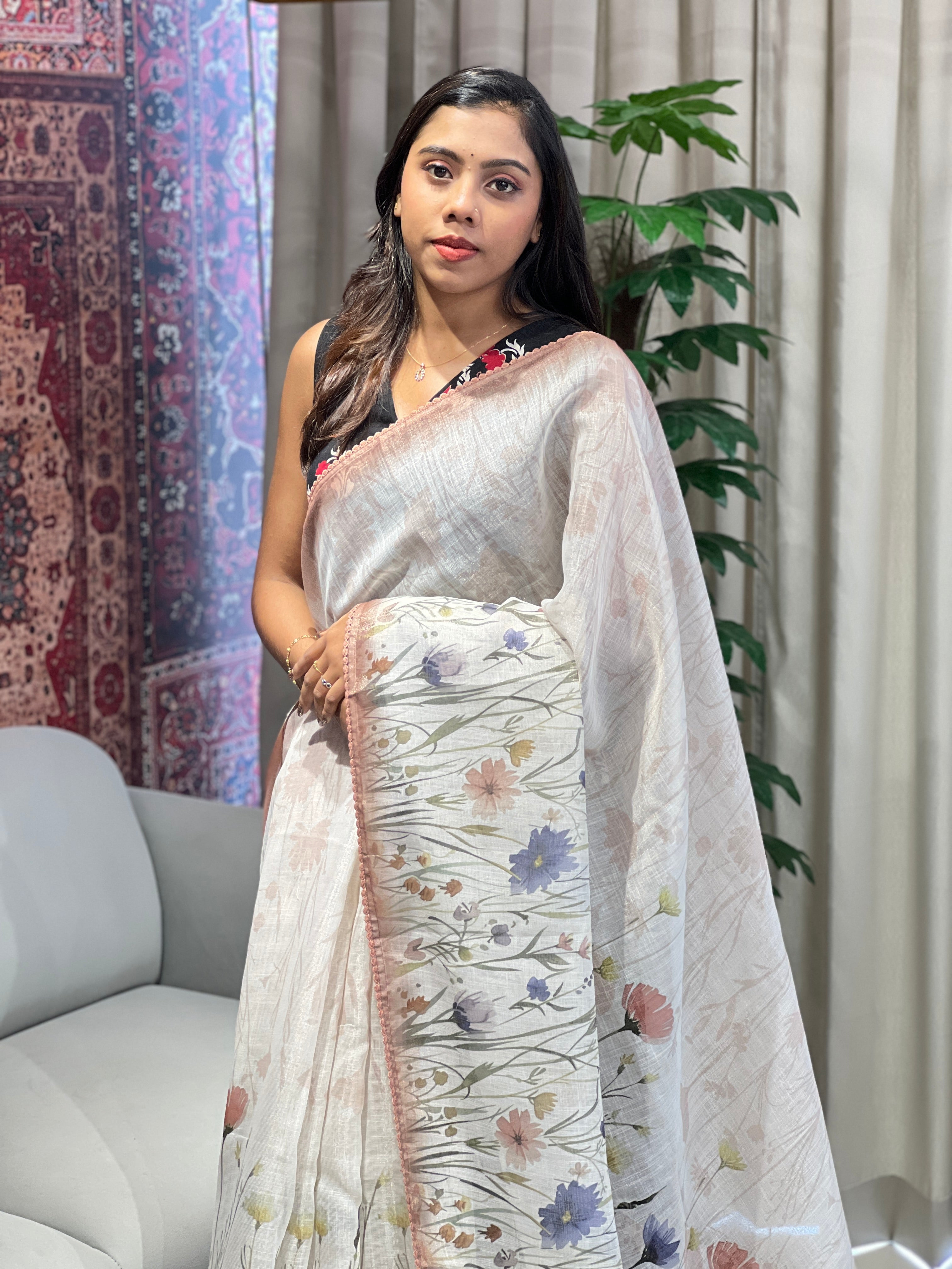 Floral Print & Hand Embroidery Detailed Tissue Linen Saree | BLD1932